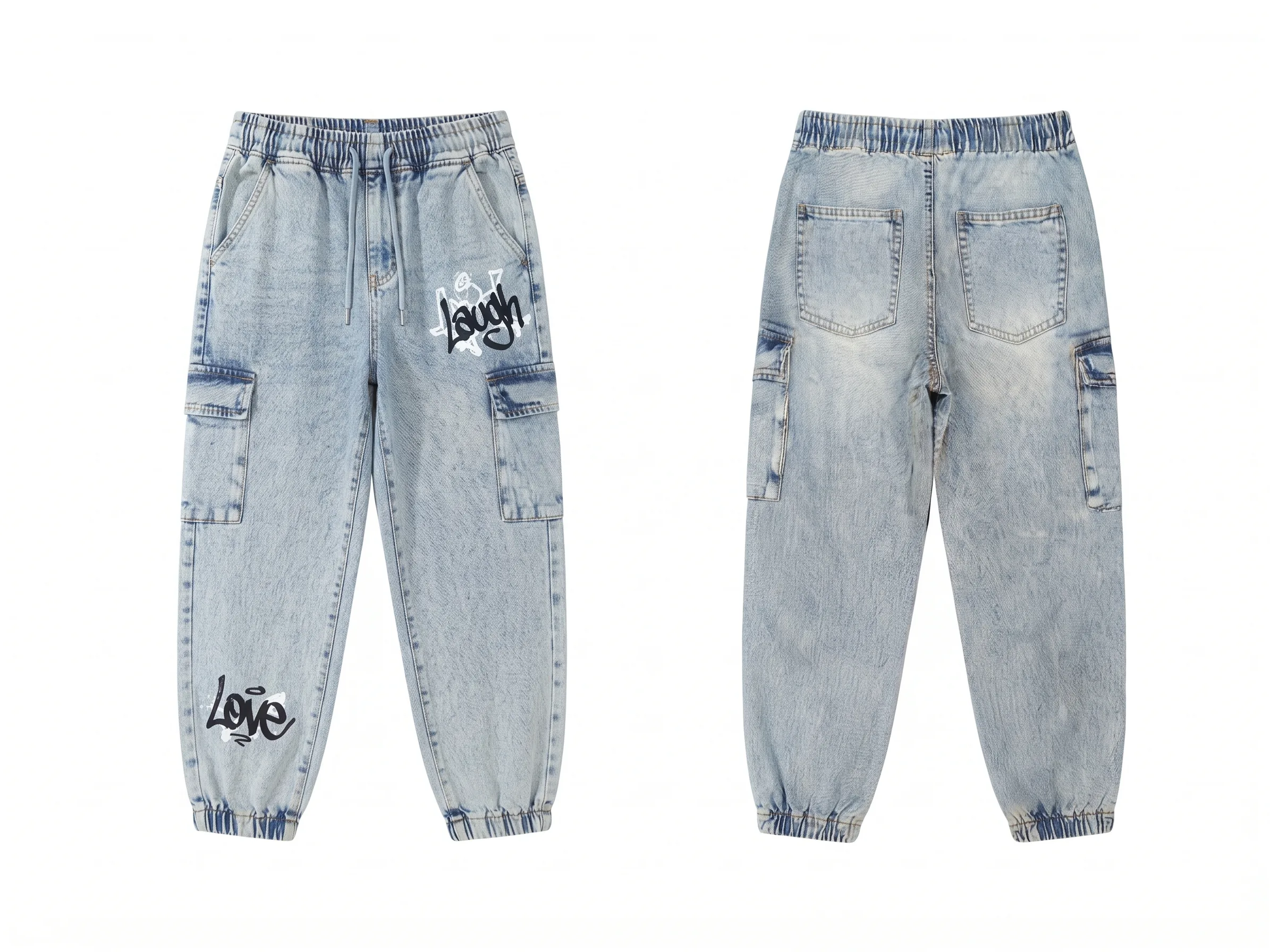 Graphic denim cargo joggers, back view, development reference