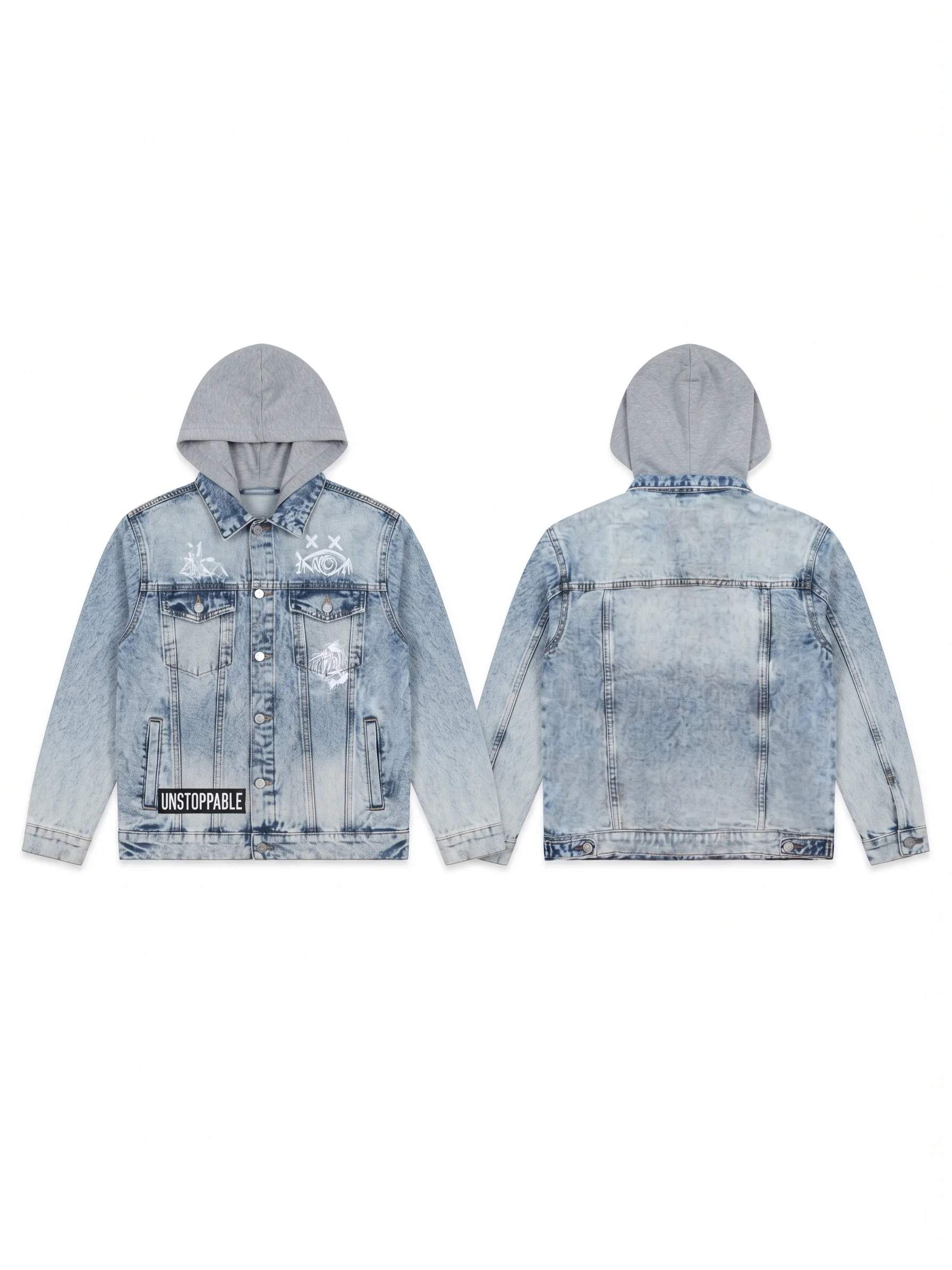 Graphic hooded light denim jacket, back view, development reference