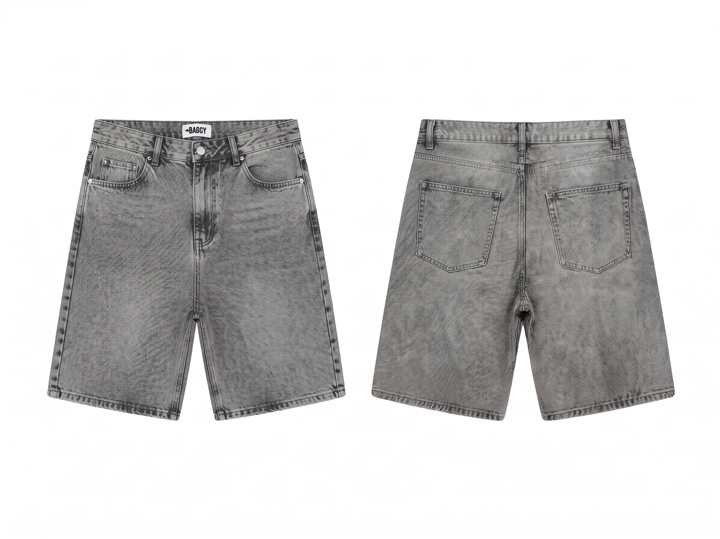 Grey acid-wash baggy denim shorts, back view, development reference