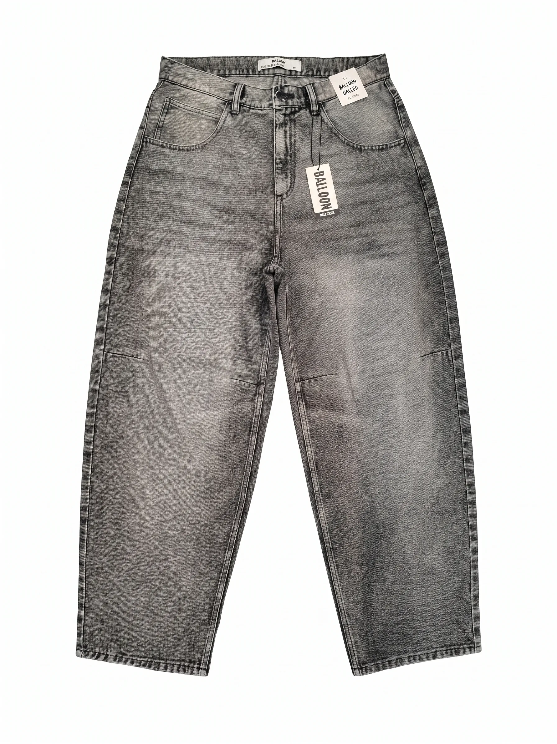 Grey acid-wash balloon jeans, front view, development reference