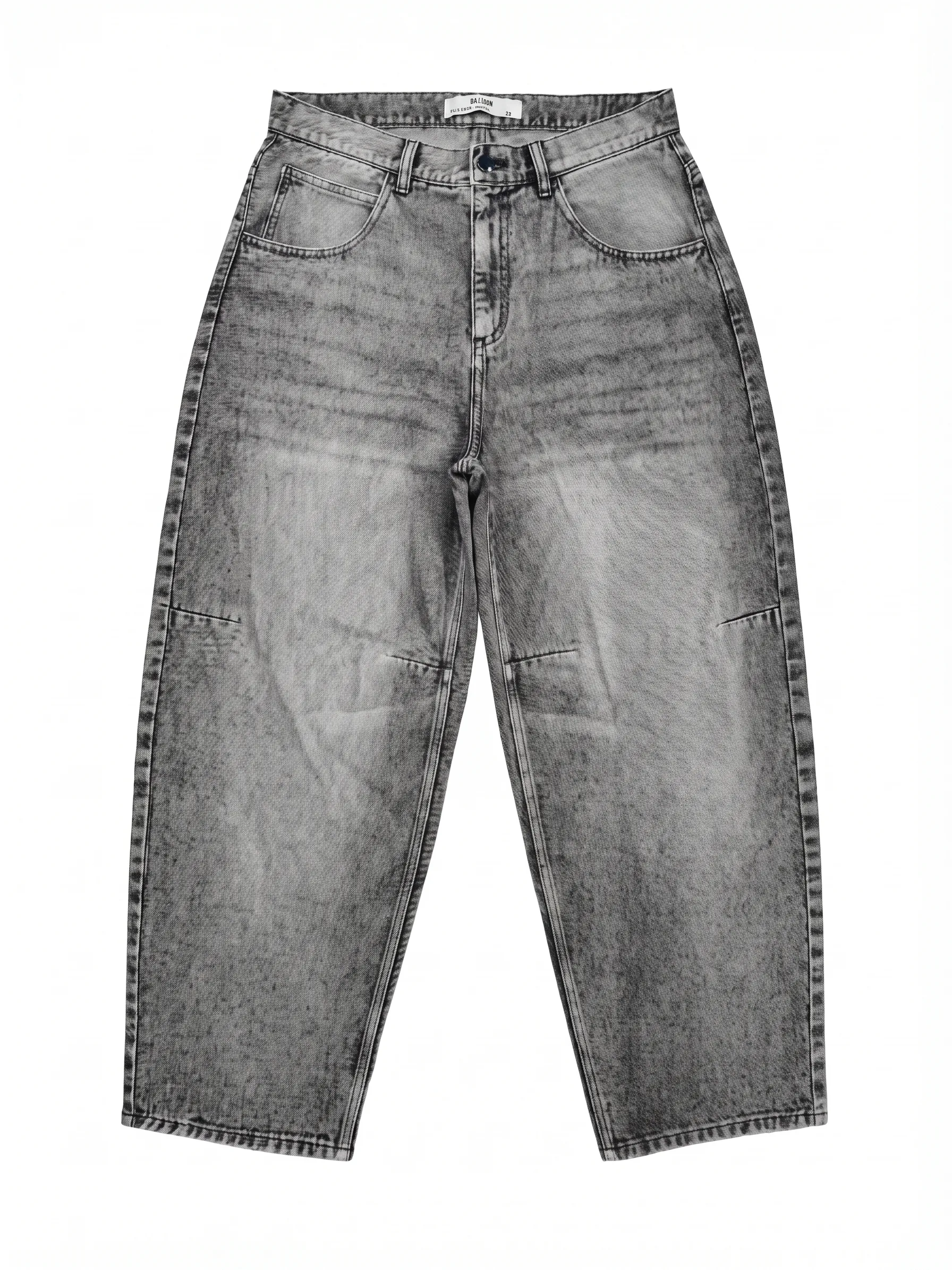 Grey acid-wash balloon jeans, alternate view, development reference