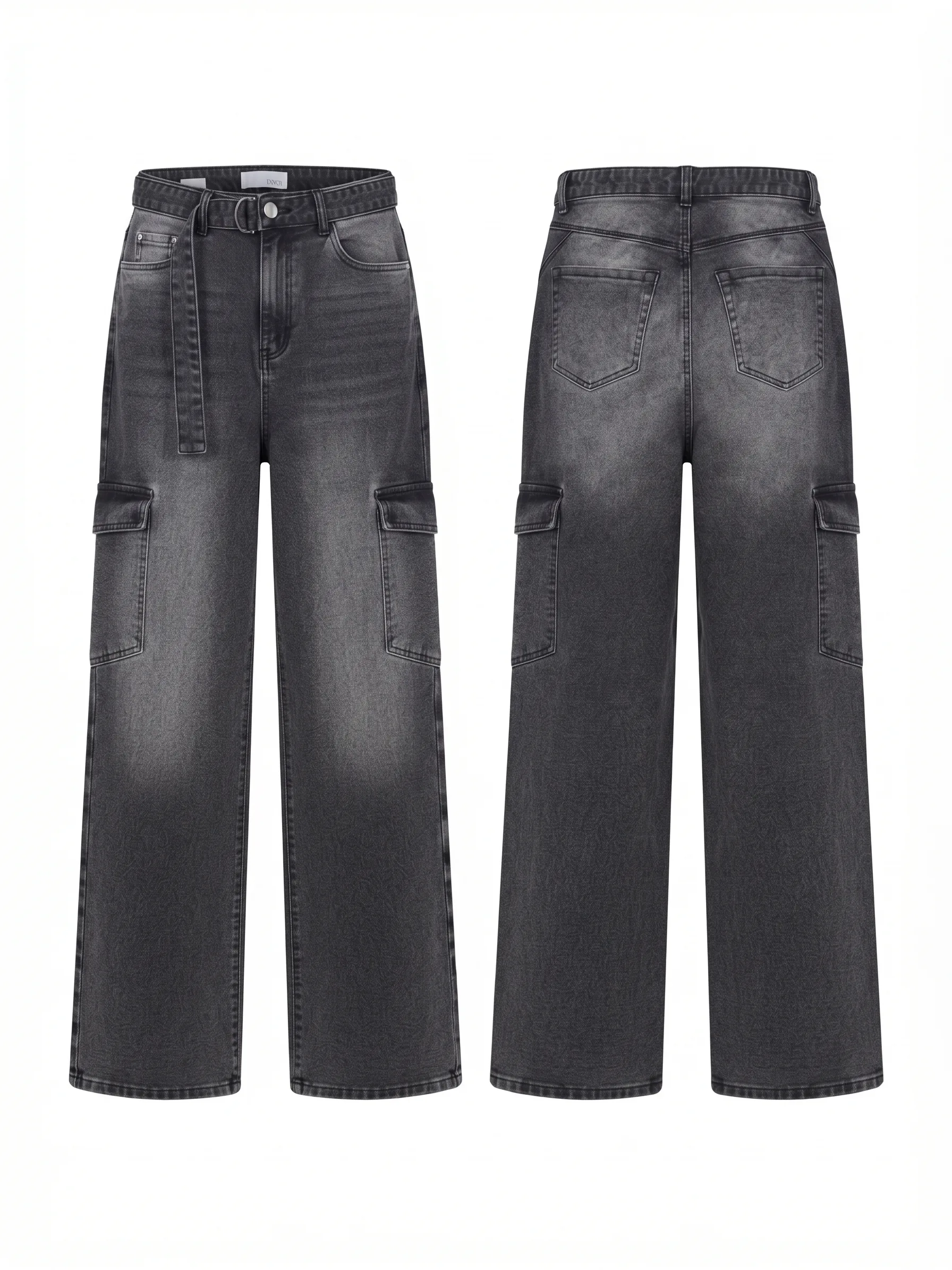 Grey acid-wash cargo jeans, back view, development reference