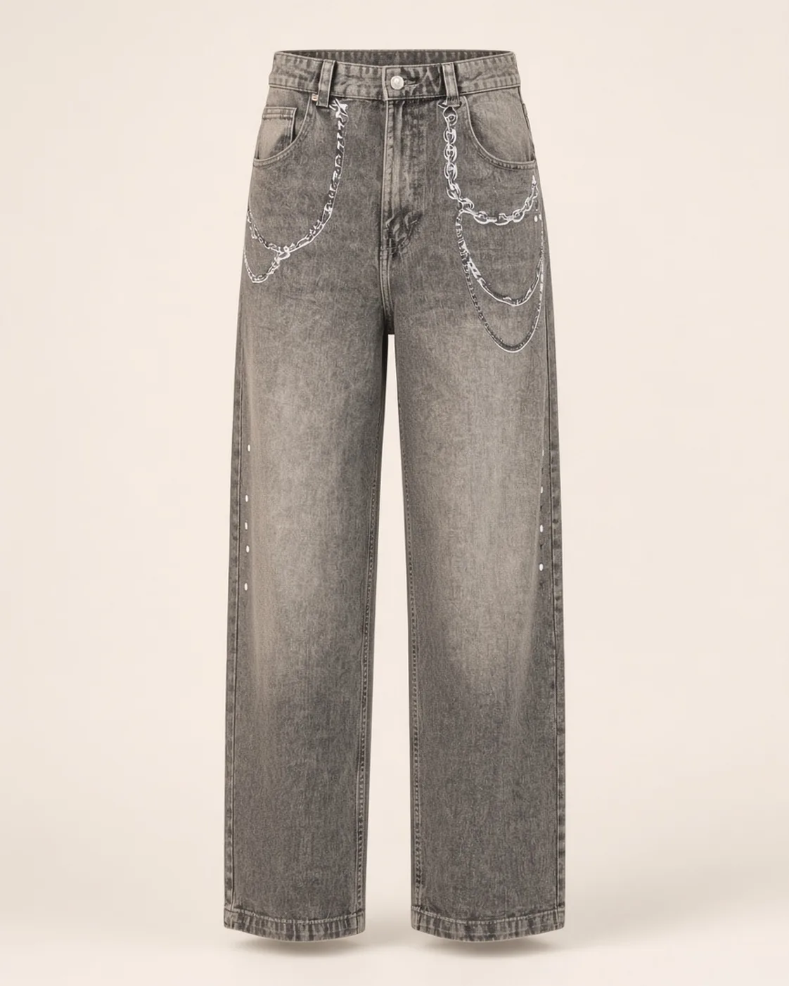 Grey acid-wash chain jeans, front view, development reference