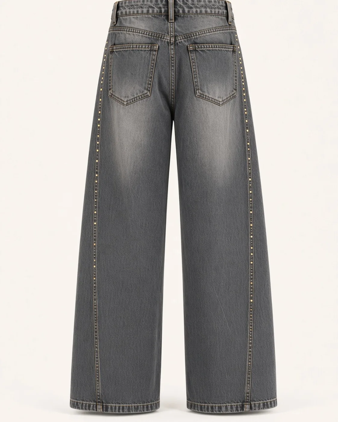 Grey acid-wash chain jeans, back view, development reference