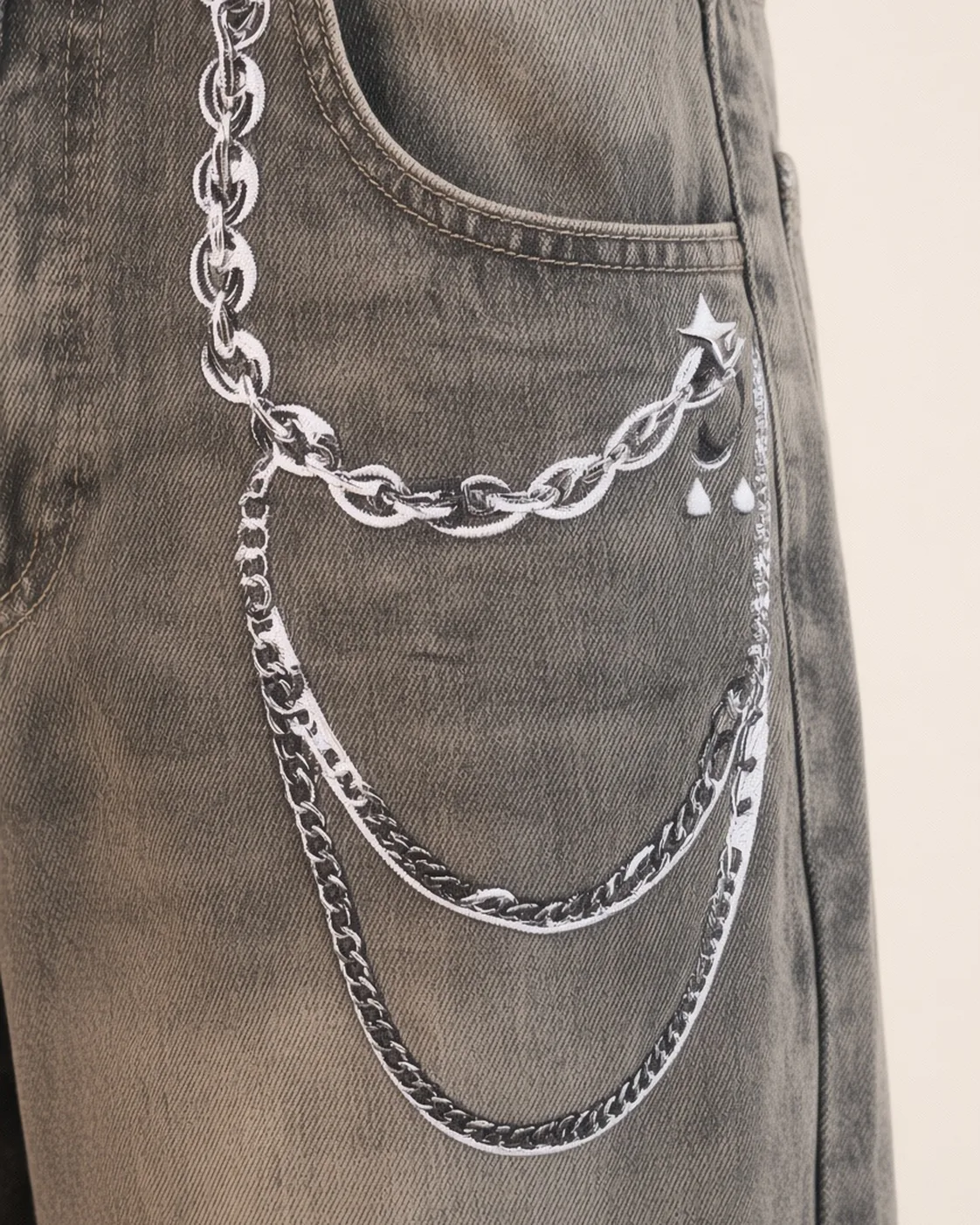 Grey acid-wash chain jeans, construction detail, development reference