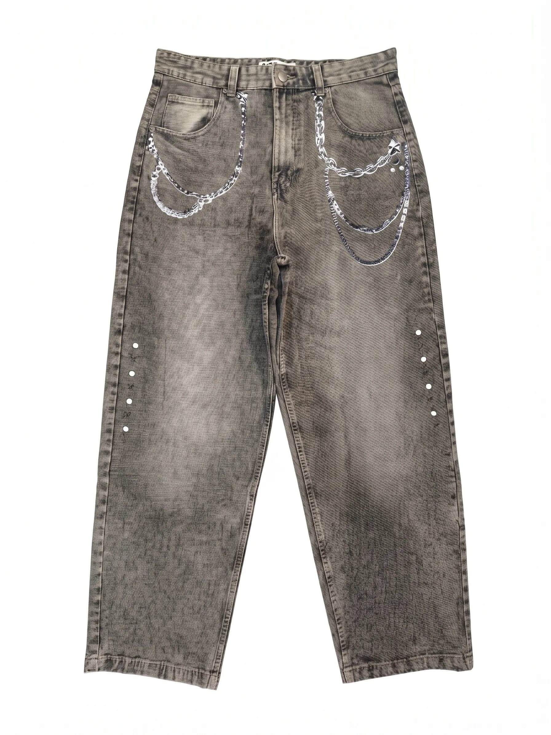 Grey acid-wash chain jeans, front view, development reference