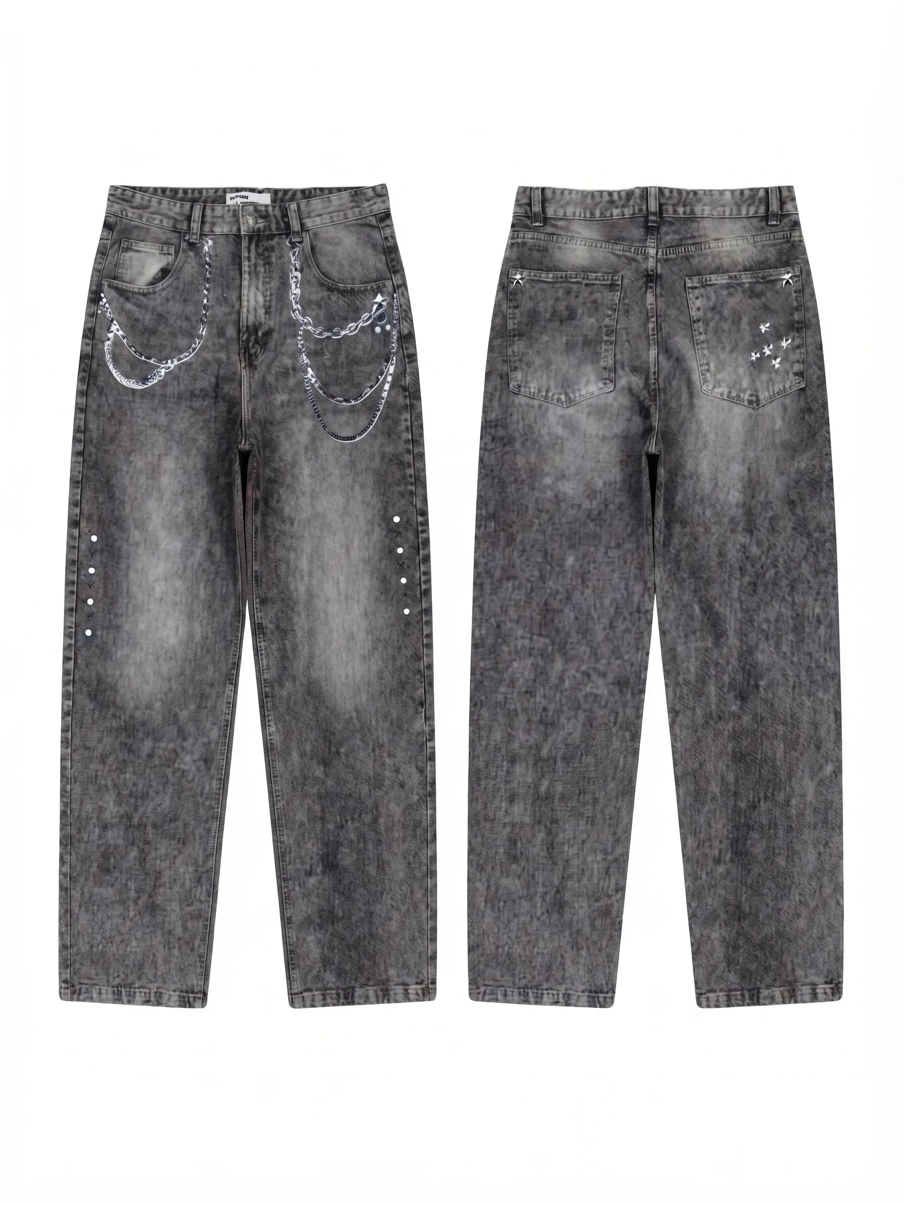 Grey acid-wash chain jeans, back view, development reference