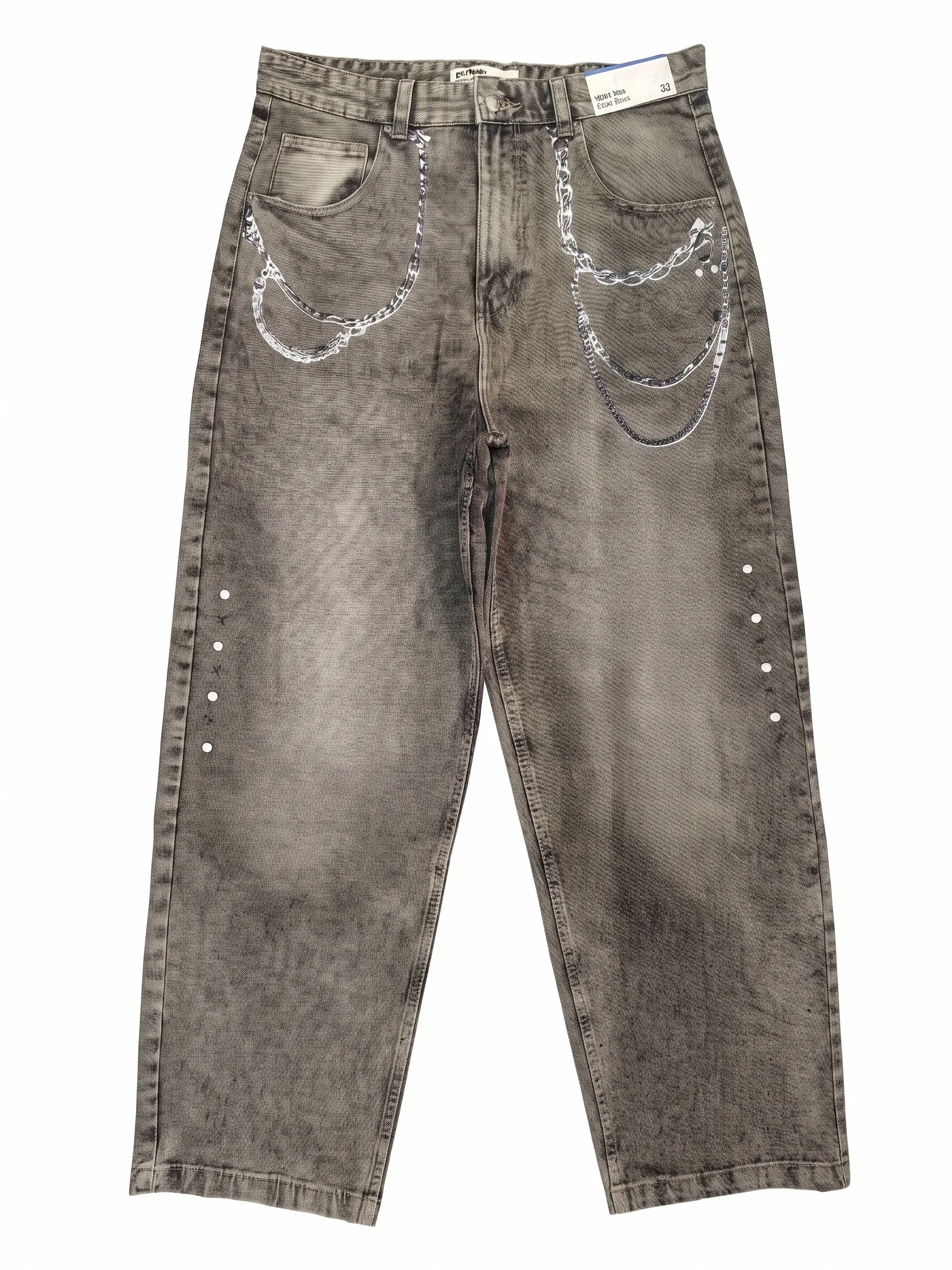 Grey acid-wash chain jeans, front view, development reference