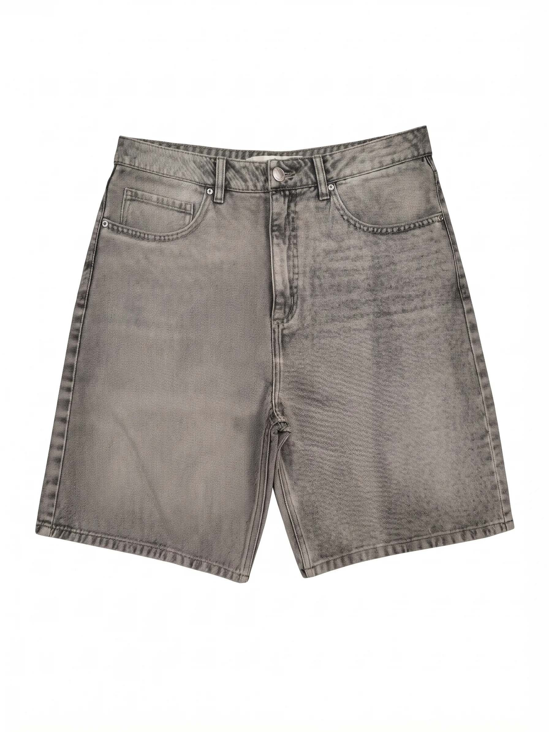 Grey acid-wash denim shorts, front view, development reference