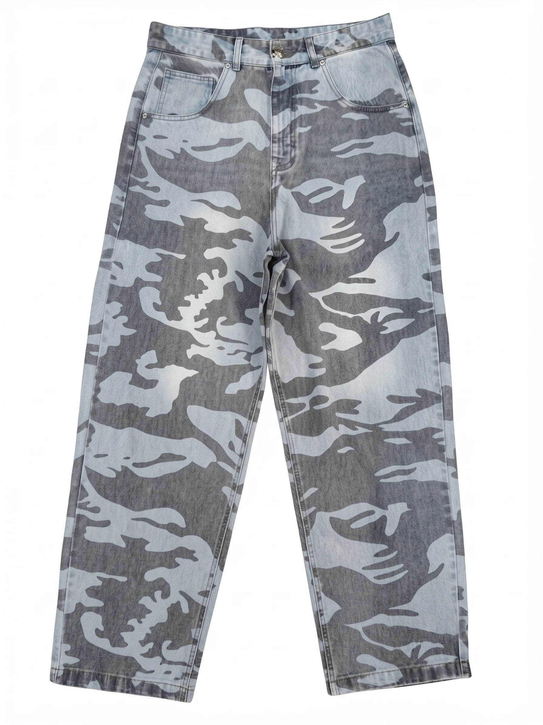 Grey camo straight jeans, front view, development reference