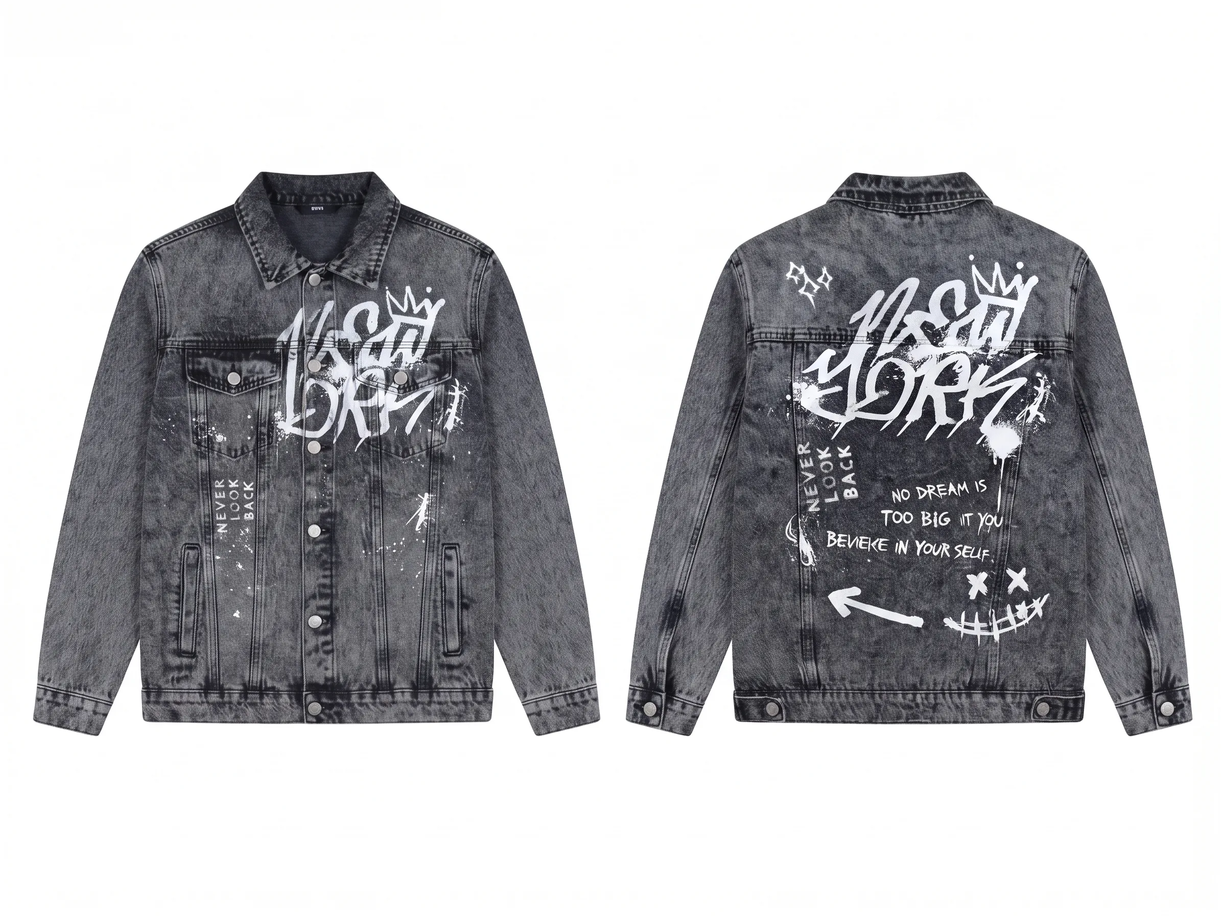 Grey graffiti denim jacket, back view, development reference