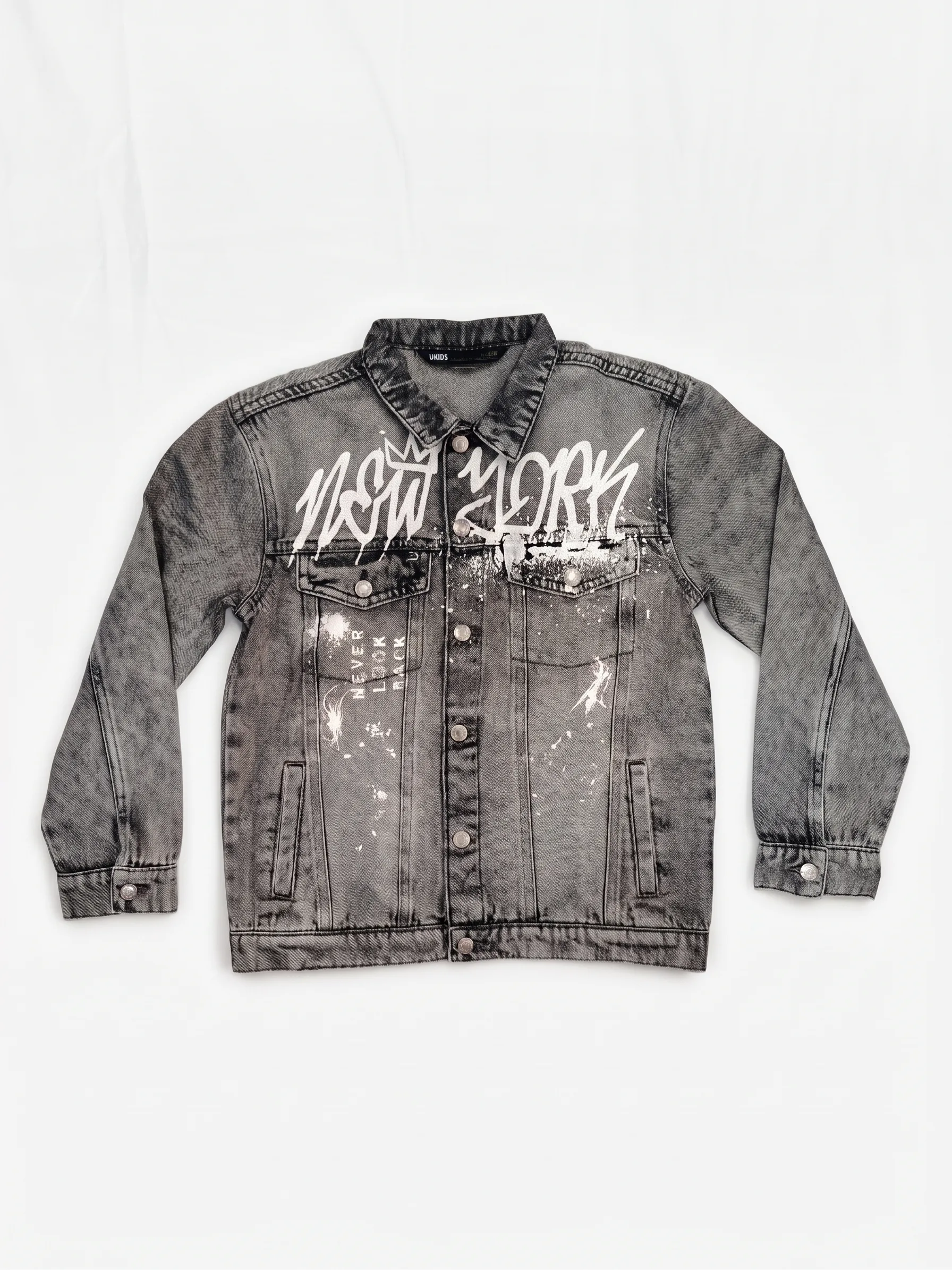 Grey NYC graffiti denim jacket, front view, development reference