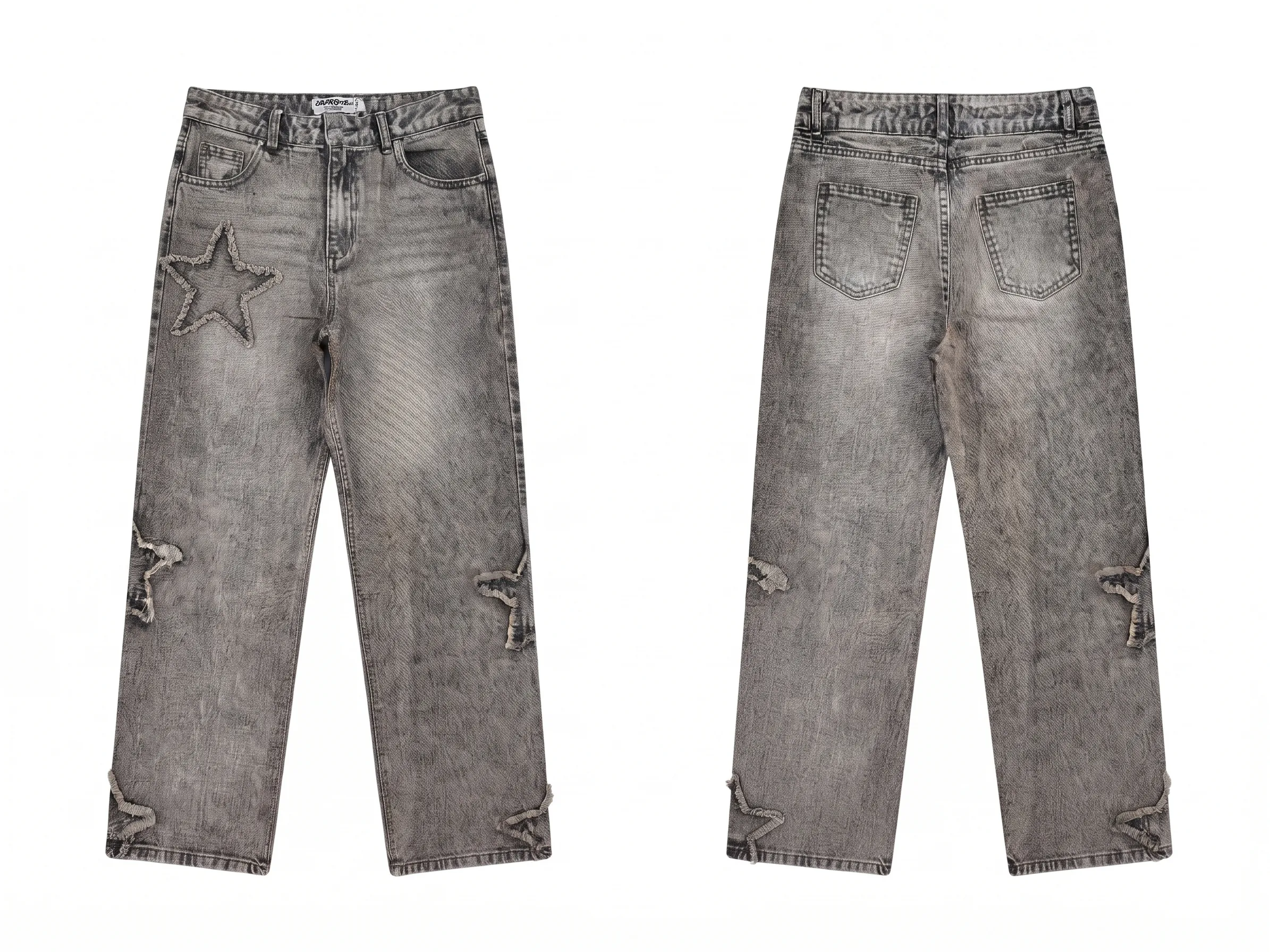 Grey star-patch wide jeans, back view, development reference