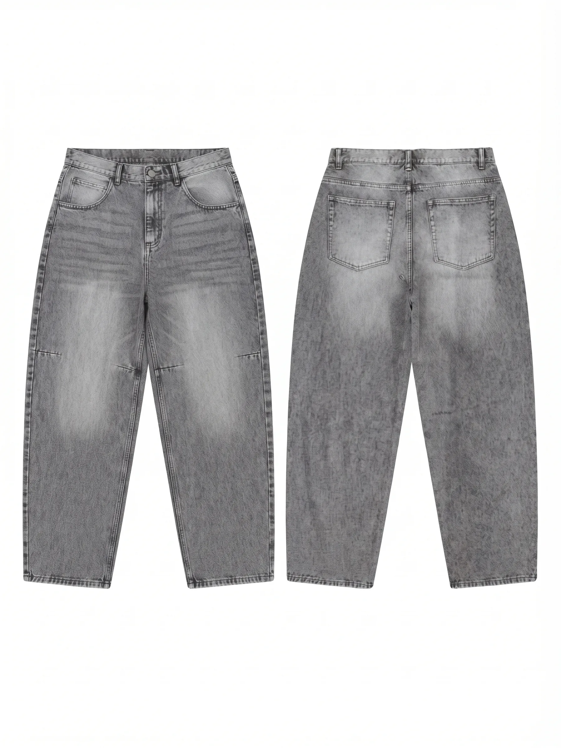 Grey-wash relaxed jeans, back view, development reference