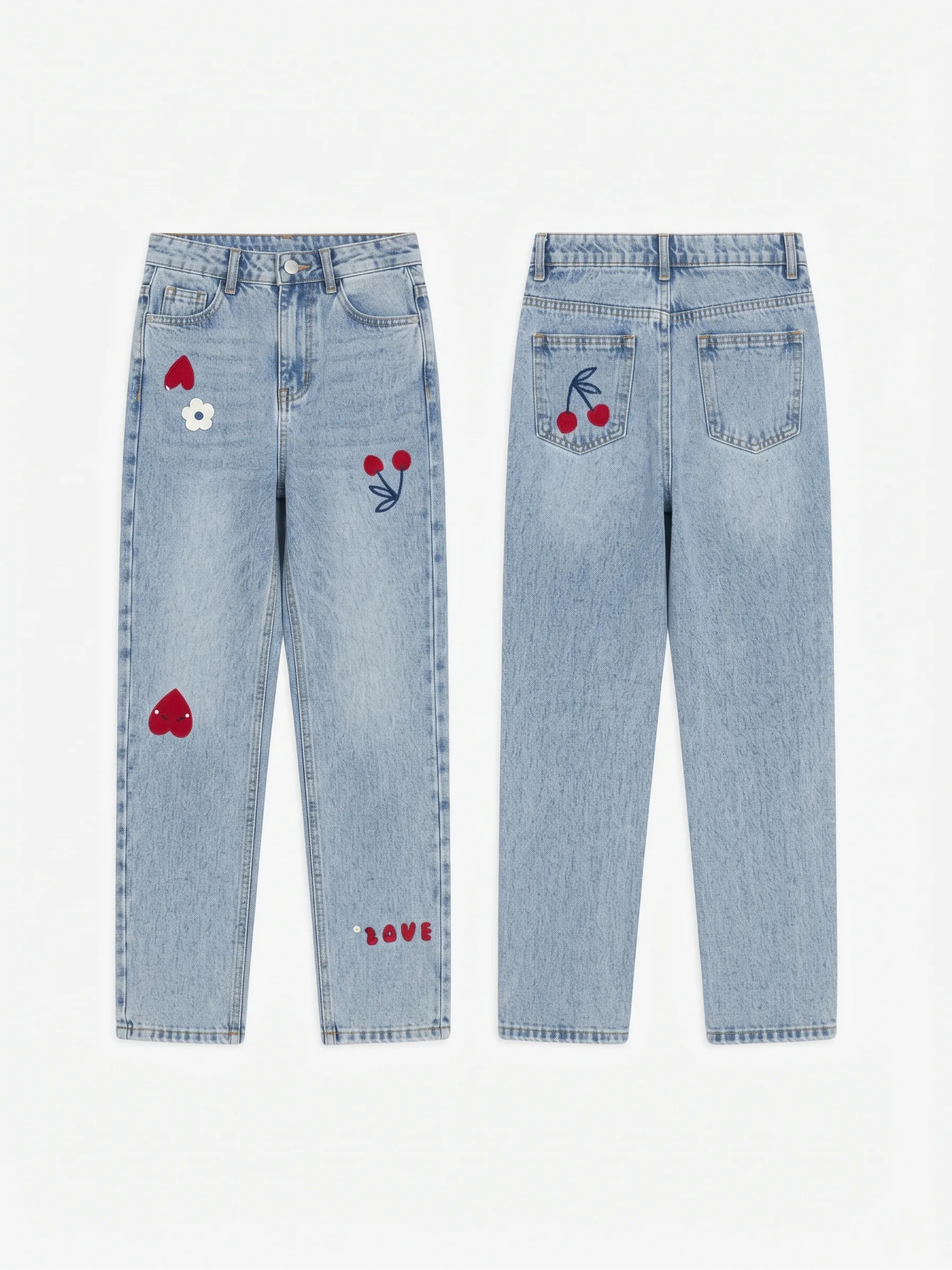 Heart and cherry patch jeans, back view, development reference