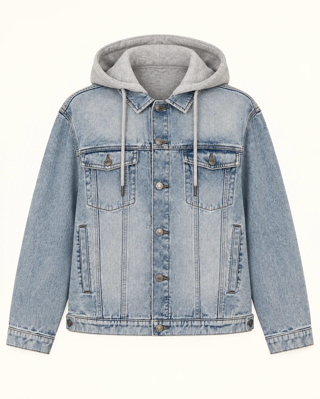 Hooded denim trucker jacket, front view, development reference