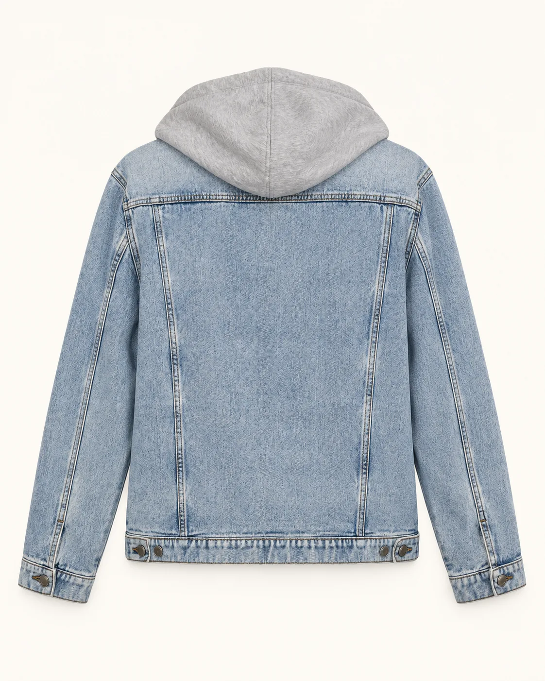 Hooded denim trucker jacket, back view, development reference