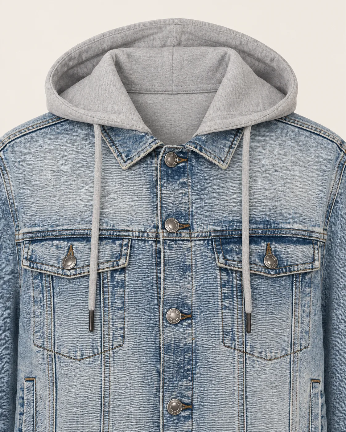 Hooded denim trucker jacket, construction detail, development reference