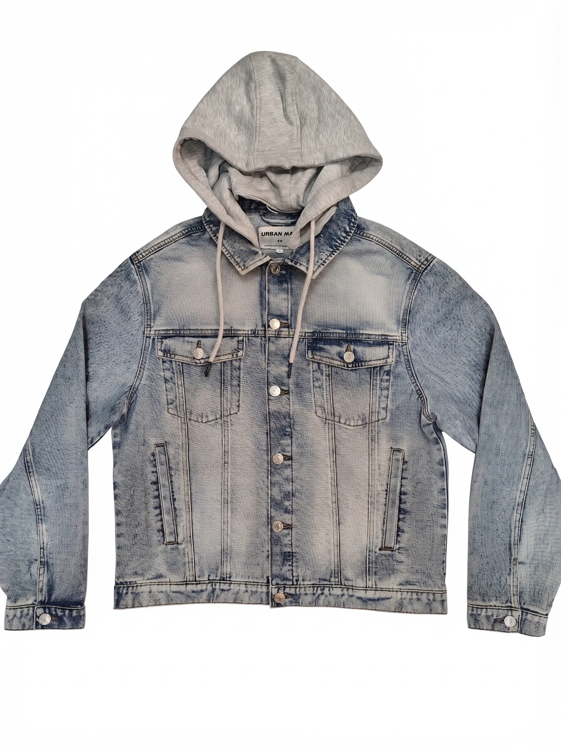 Hooded light-wash denim jacket, front view, development reference