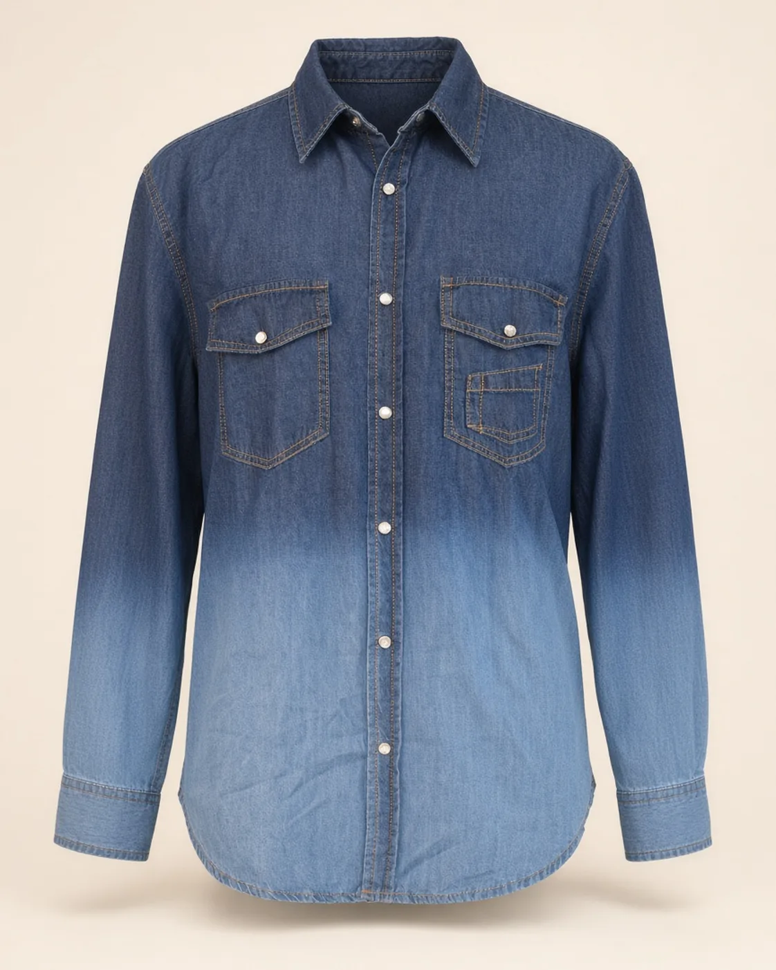 Indigo-gradient denim shirt, front view, development reference