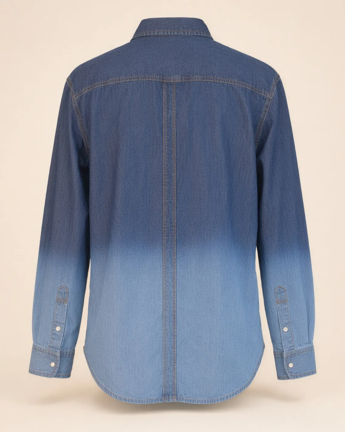 Indigo-gradient denim shirt, back view, development reference