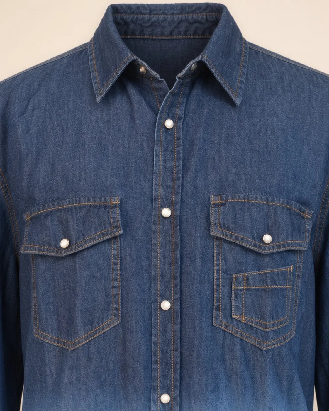 Indigo-gradient denim shirt, construction detail, development reference