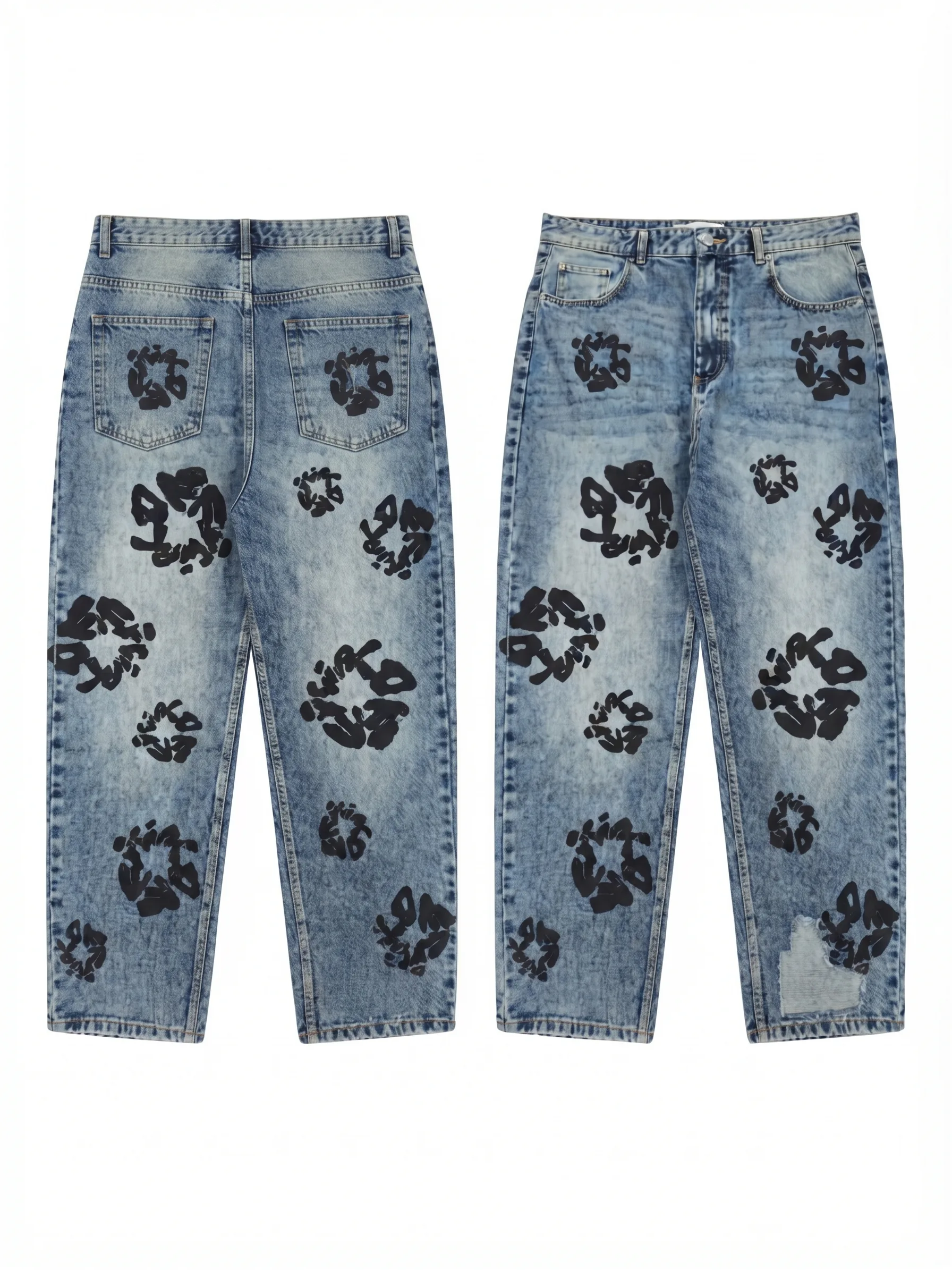 Light acid-wash blot print jeans, back view, development reference