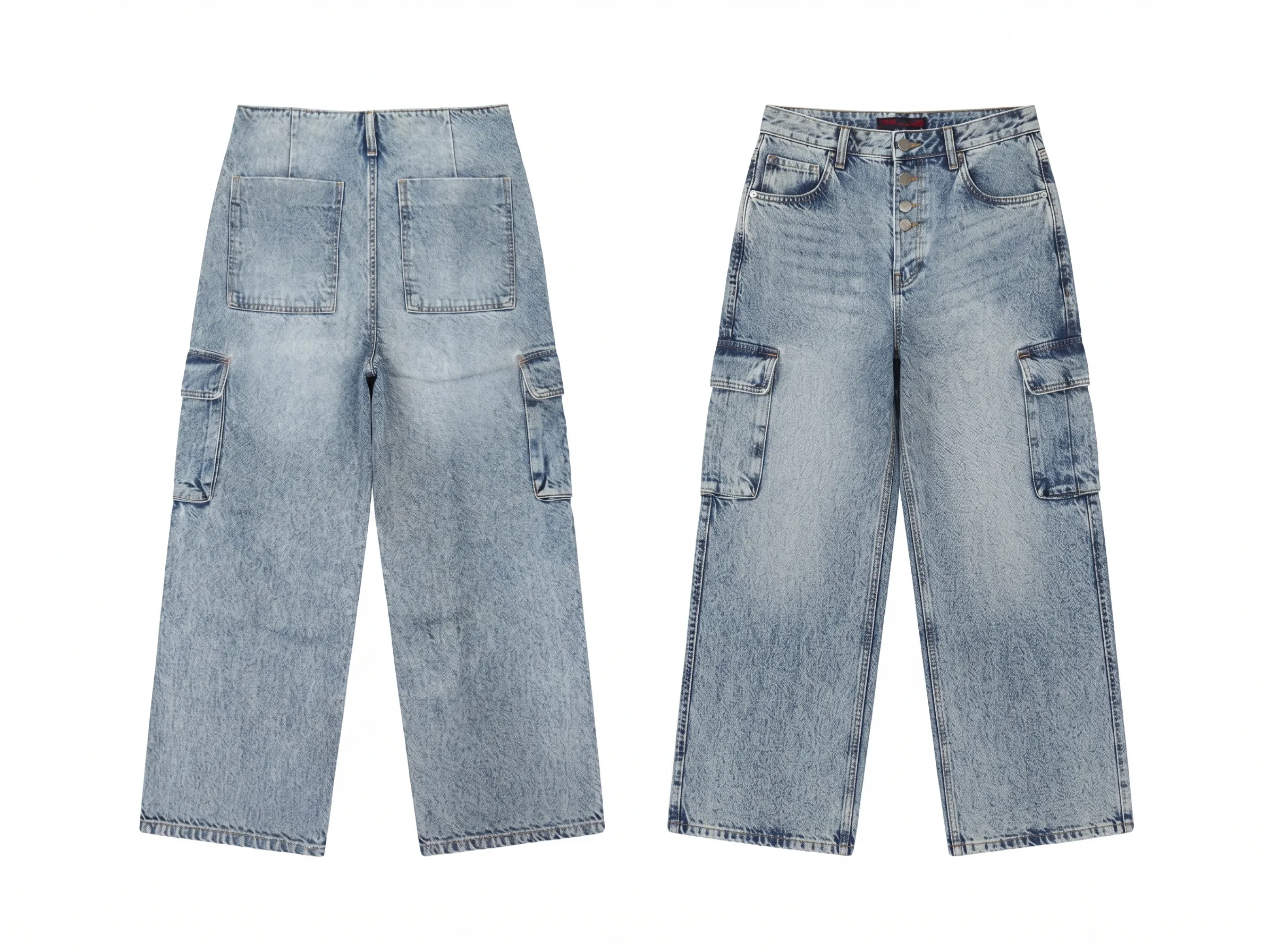 Light acid-wash button cargo jeans, back view, development reference