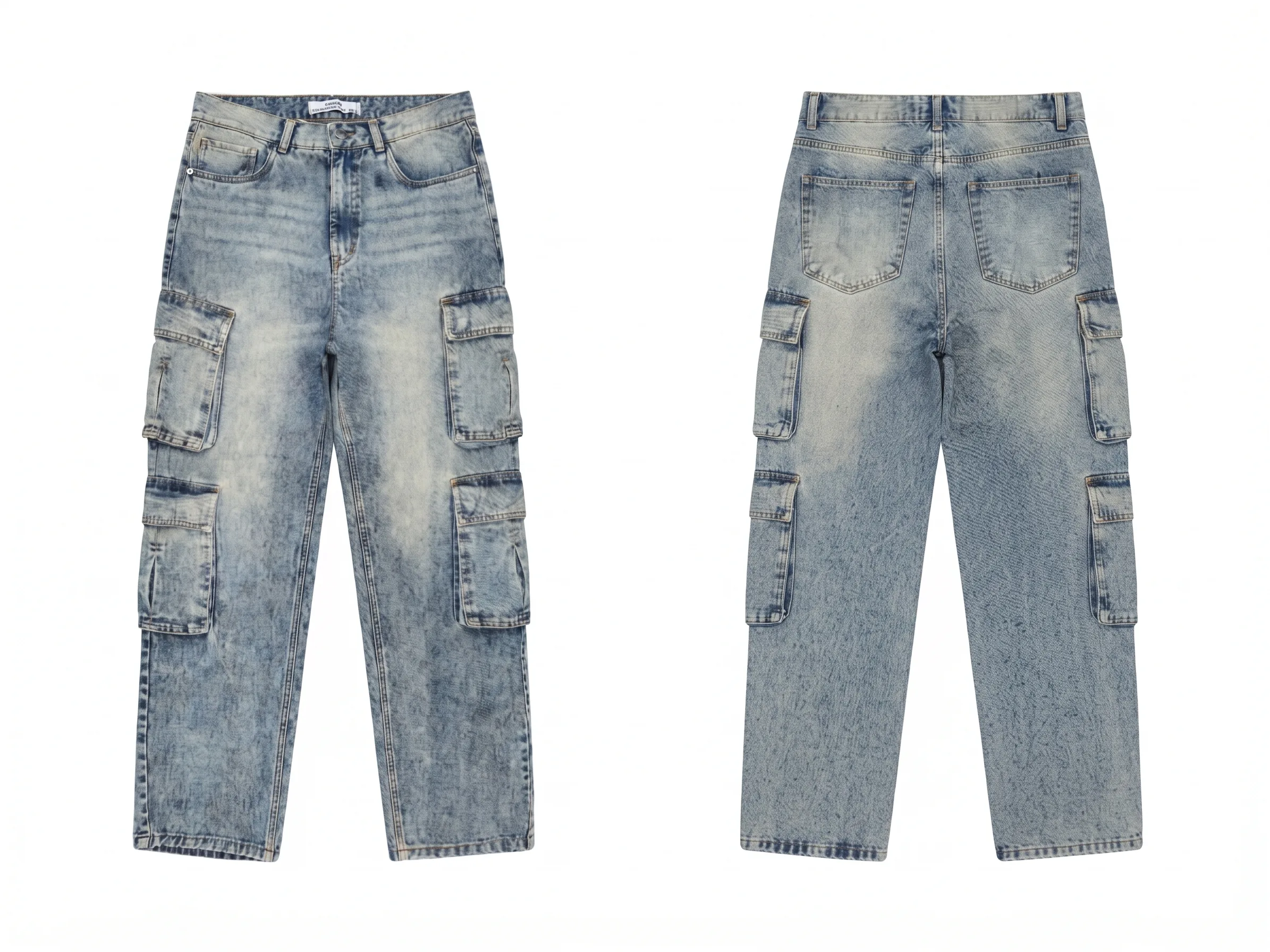 Light acid-wash cargo jeans, back view, development reference