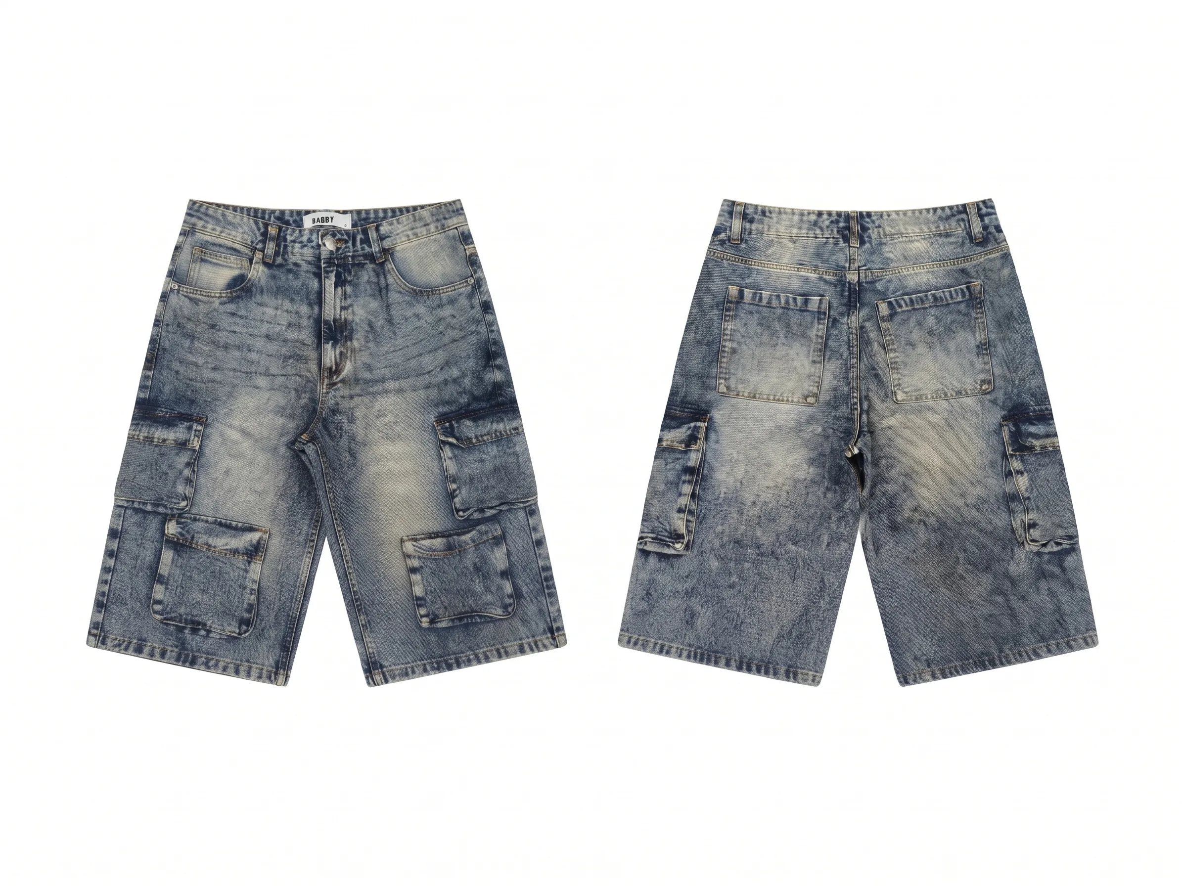 Light acid-wash cargo shorts, back view, development reference