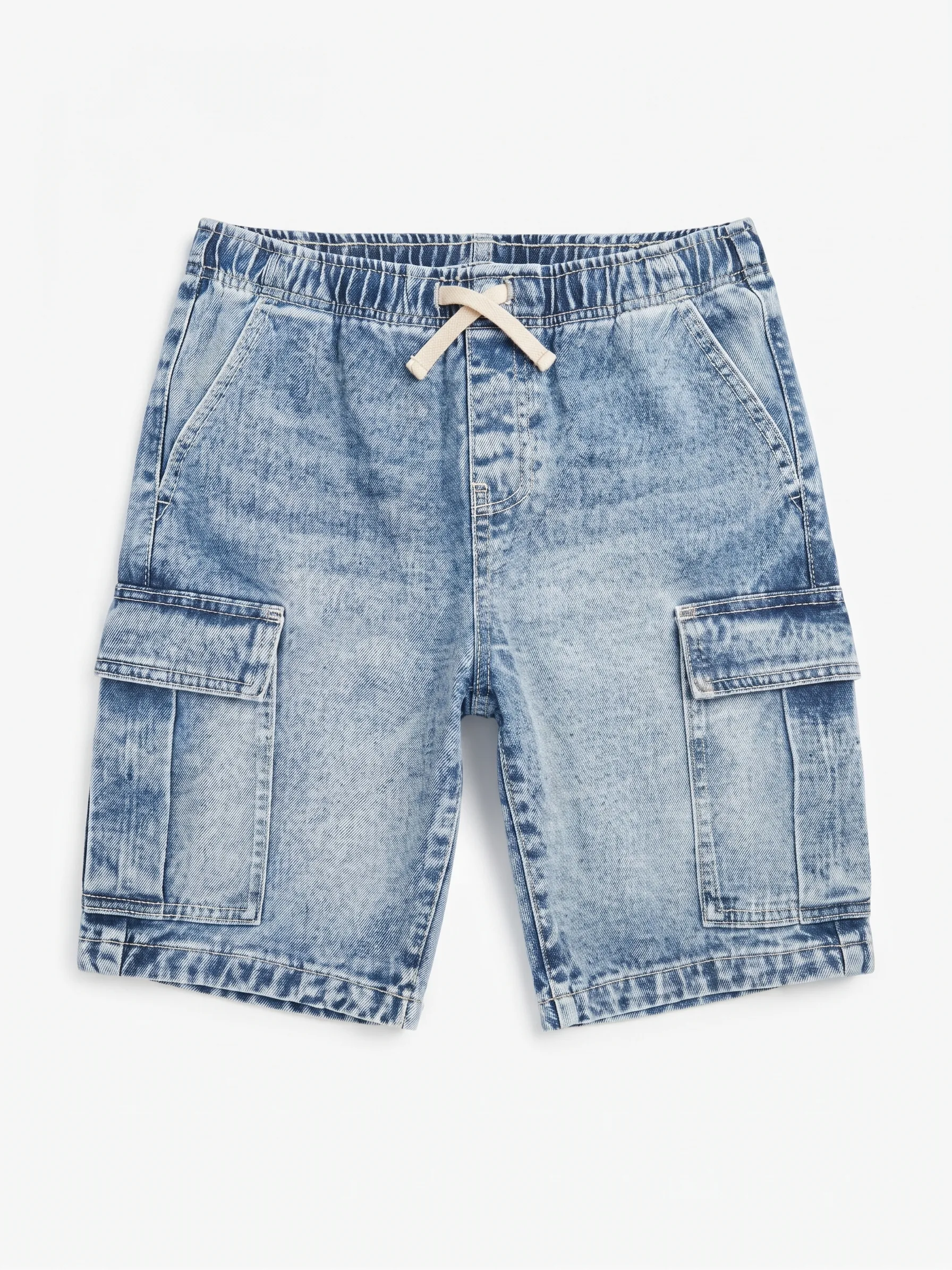 Light acid-wash cargo shorts, front view, development reference
