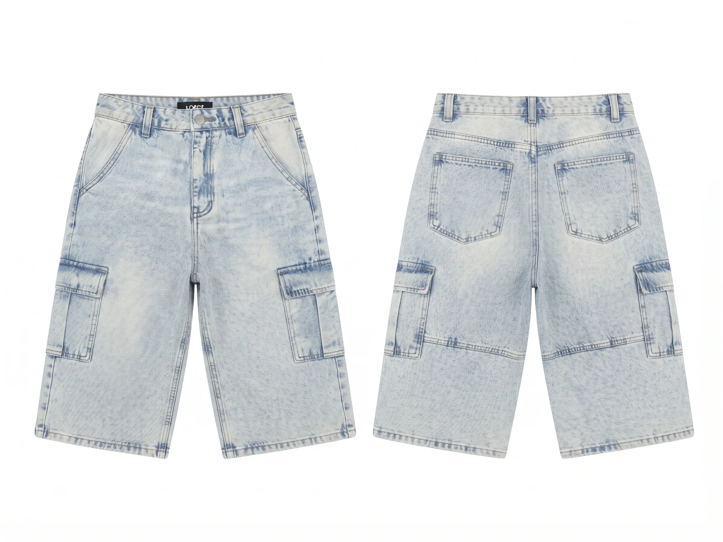 Light acid-wash denim cargo shorts, back view, development reference