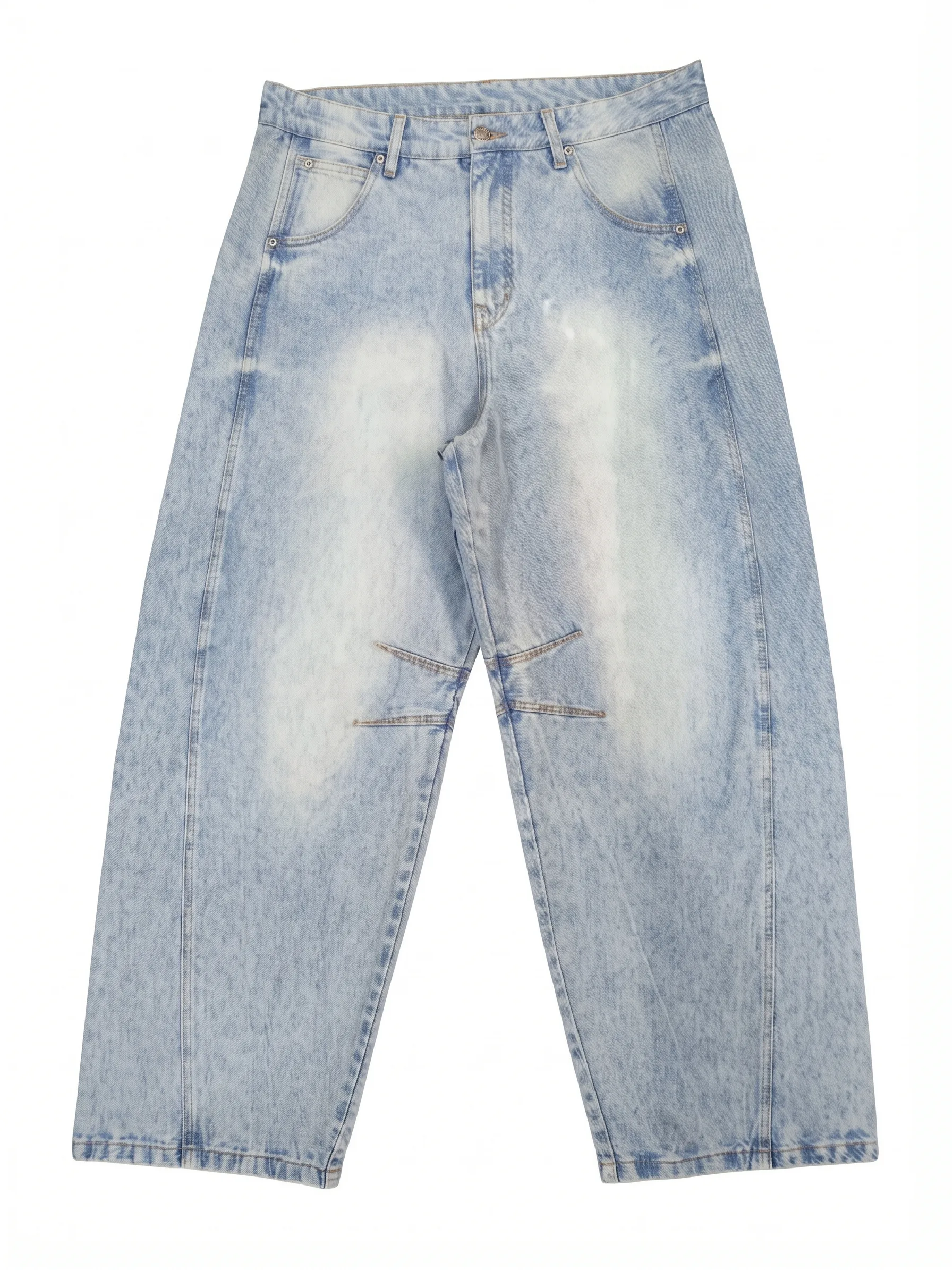 Light acid-wash panel jeans, front view, development reference