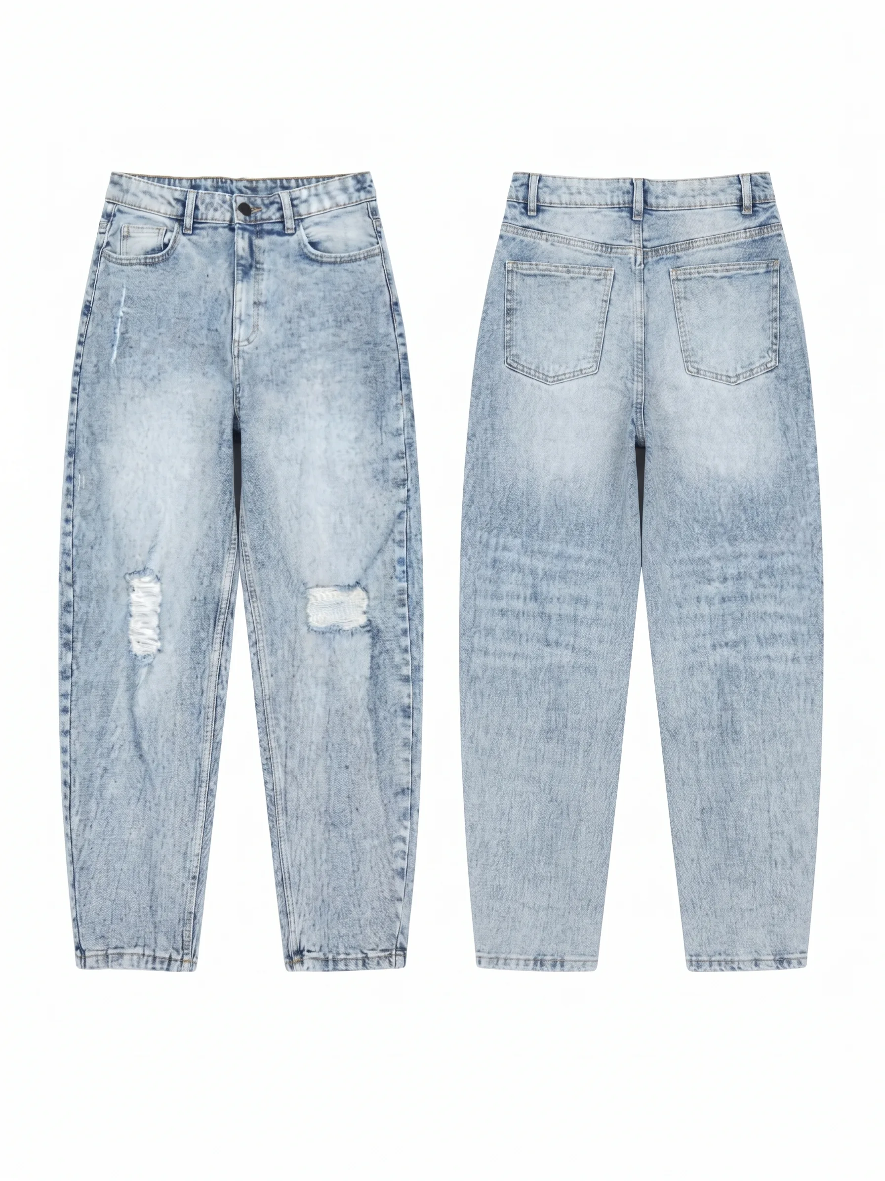 Light acid-wash ripped-knee jeans, back view, development reference