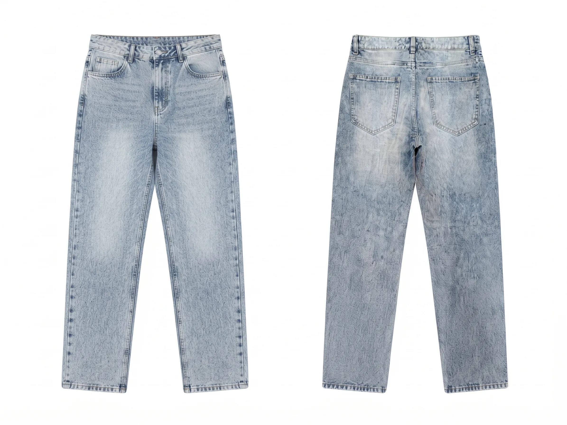 Light acid-wash straight jeans, back view, development reference