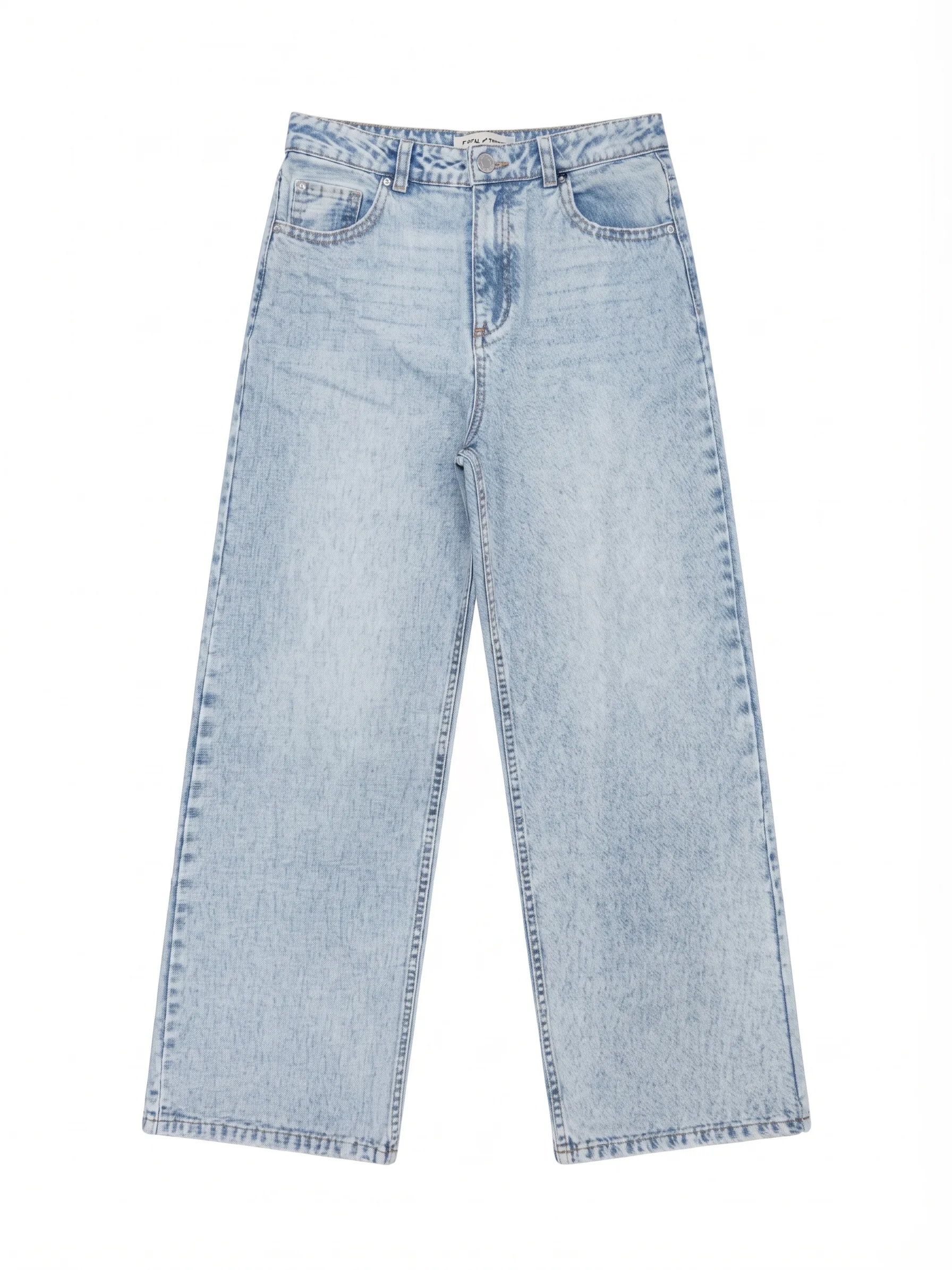 Light acid-wash wide-leg jeans, front view, development reference