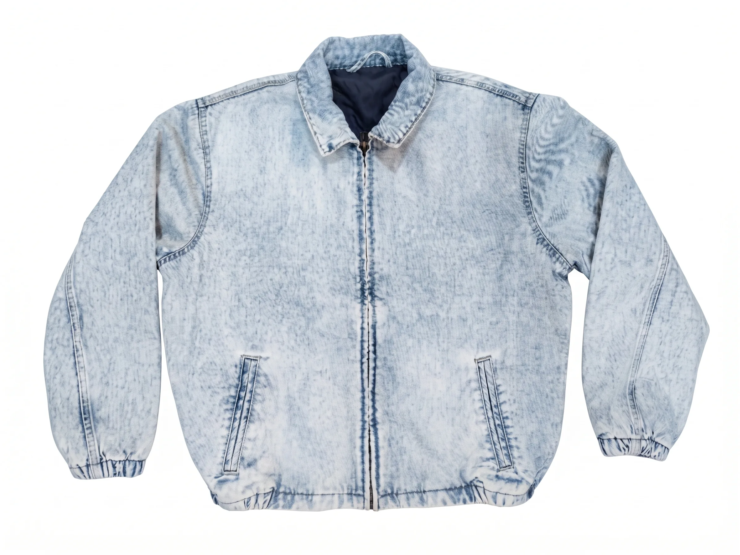 Light acid-wash zip bomber, front view, development reference