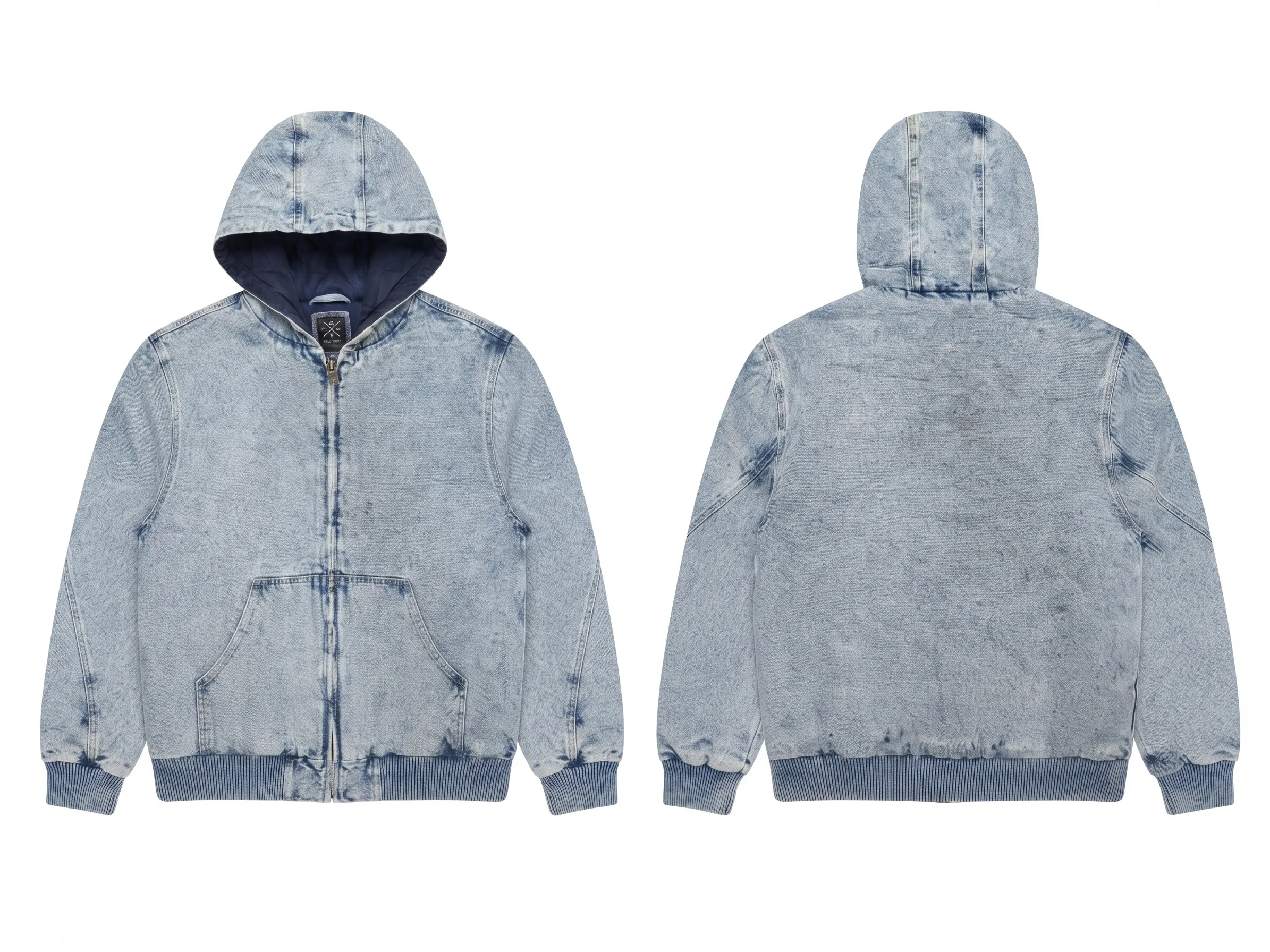 Light acid-wash zip denim hoodie, back view, development reference