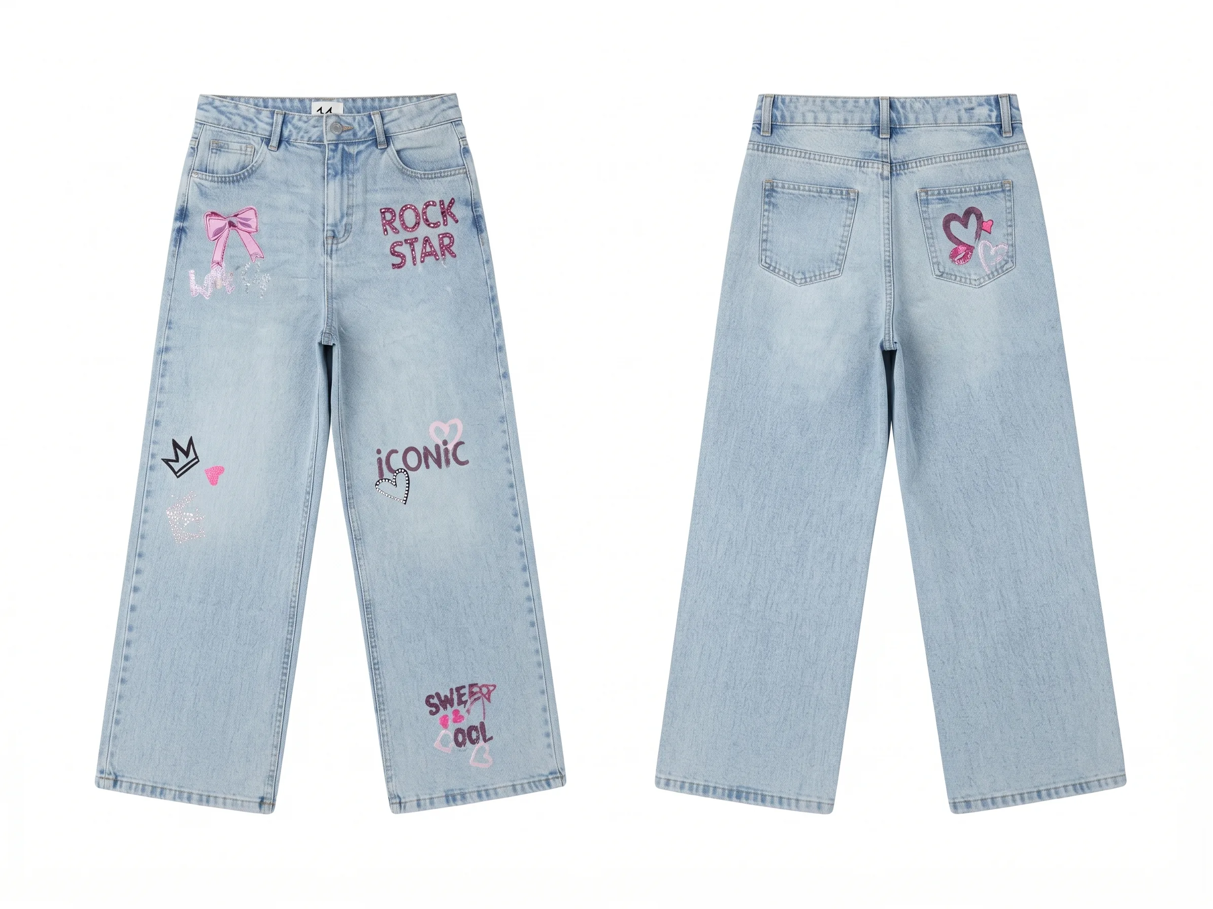 Light graphic wide-leg jeans, back view, development reference