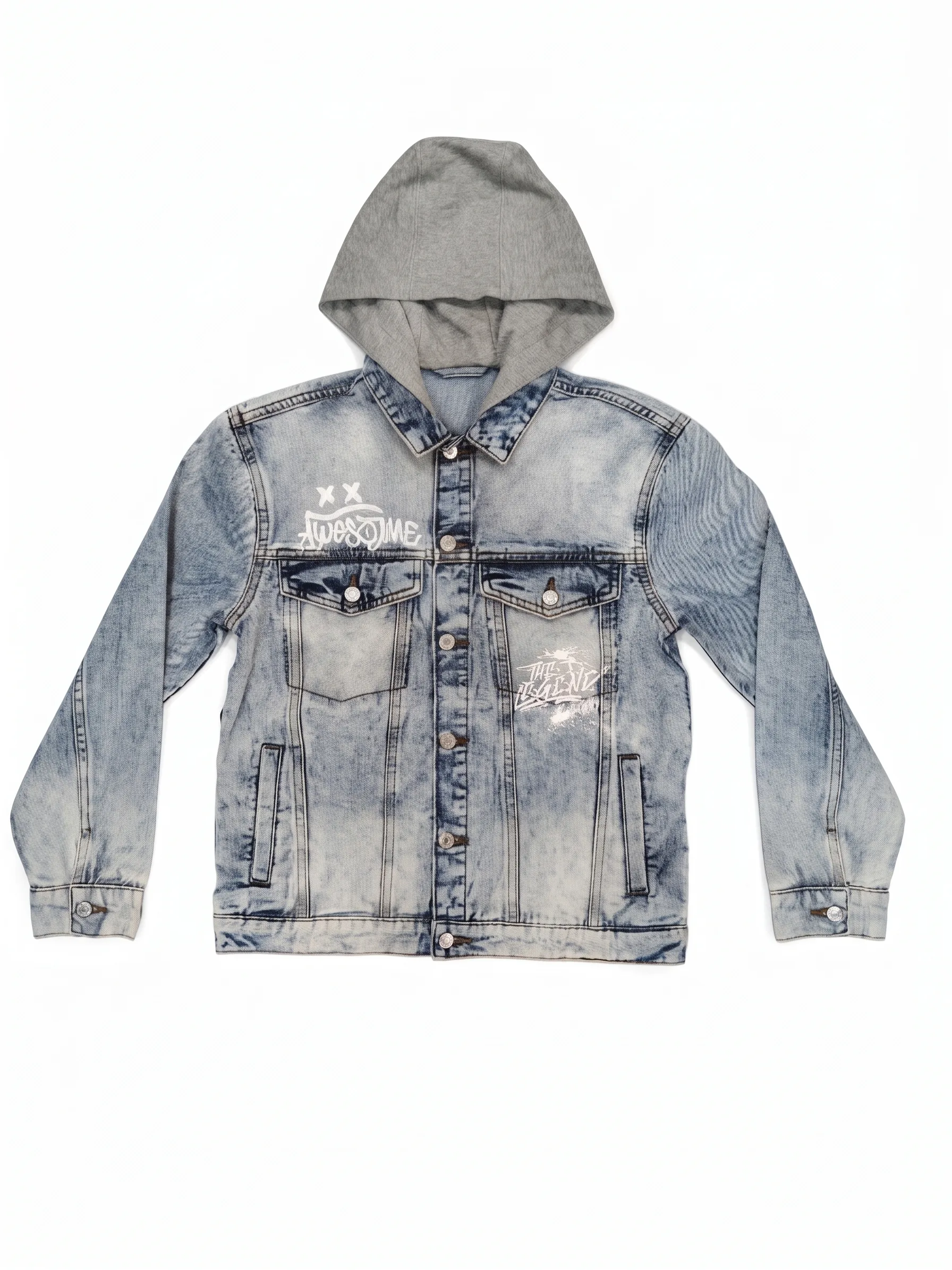 Light hooded graphic denim jacket, front view, development reference