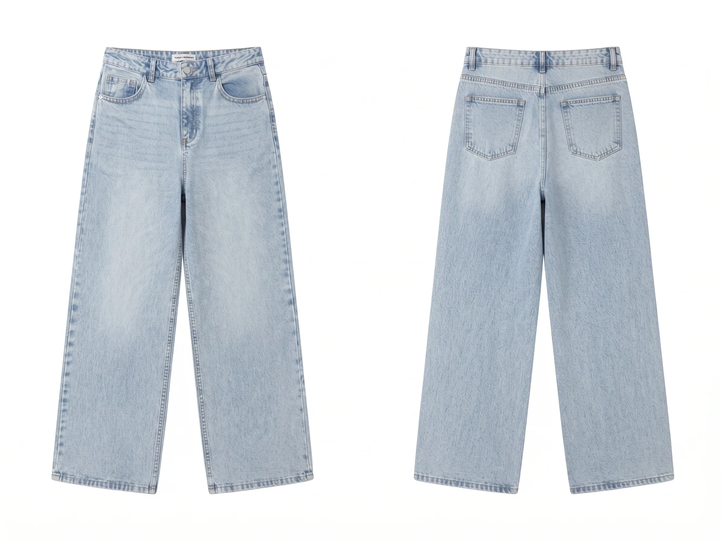 Light stone-wash wide-leg jeans, back view, development reference