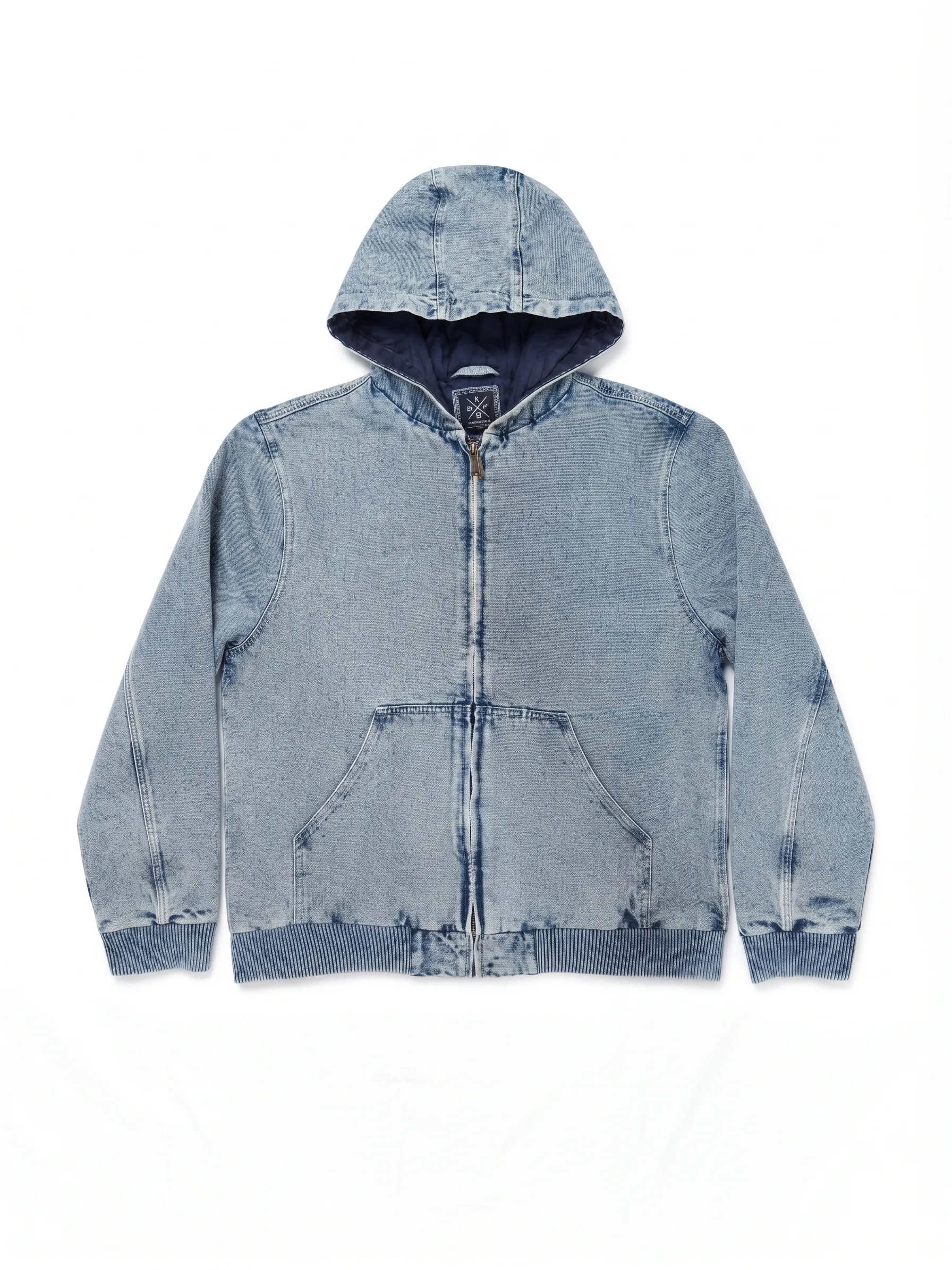 Light stone-wash zip hoodie, front view, development reference