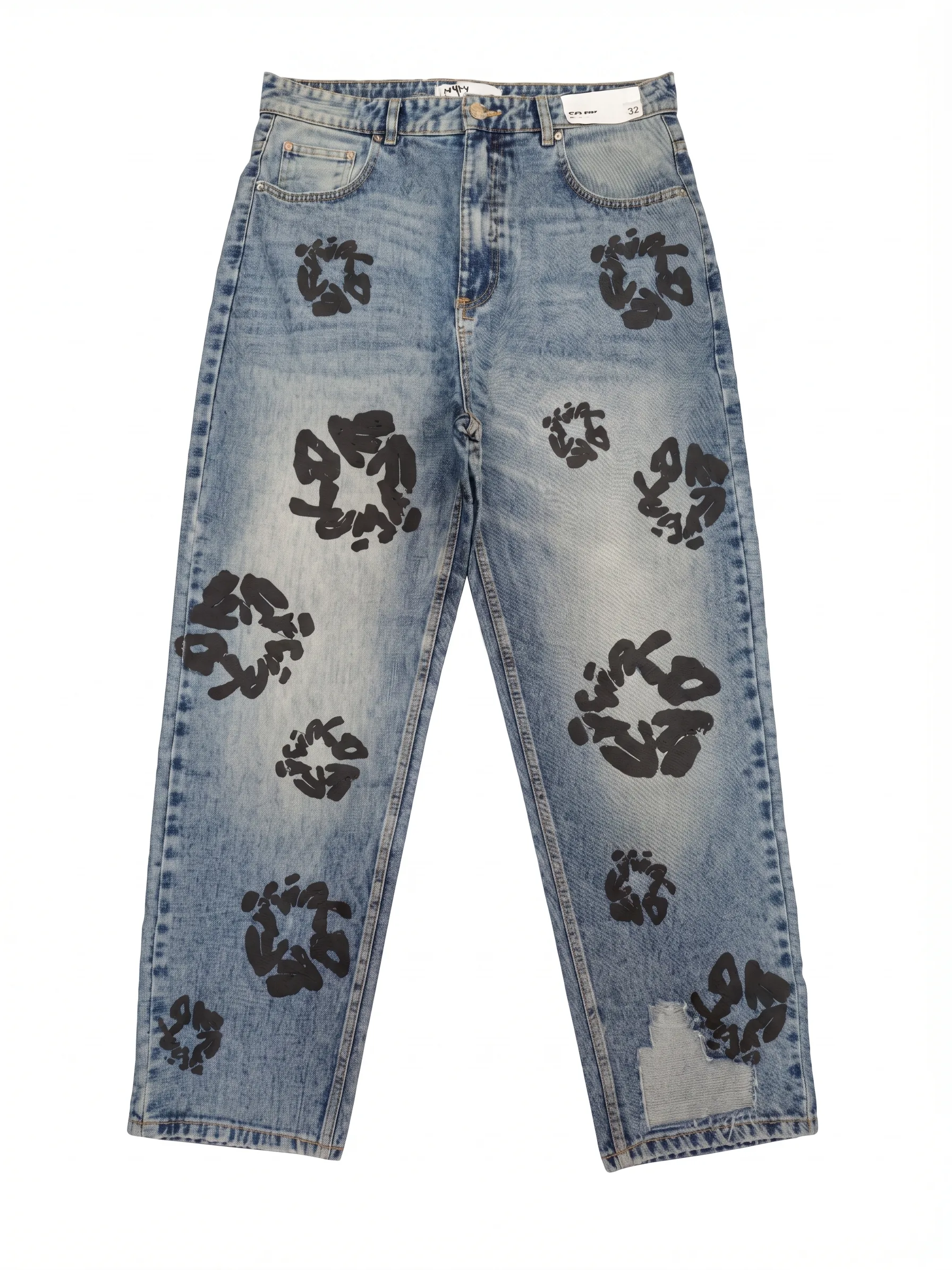 Light-wash abstract print jeans, front view, development reference