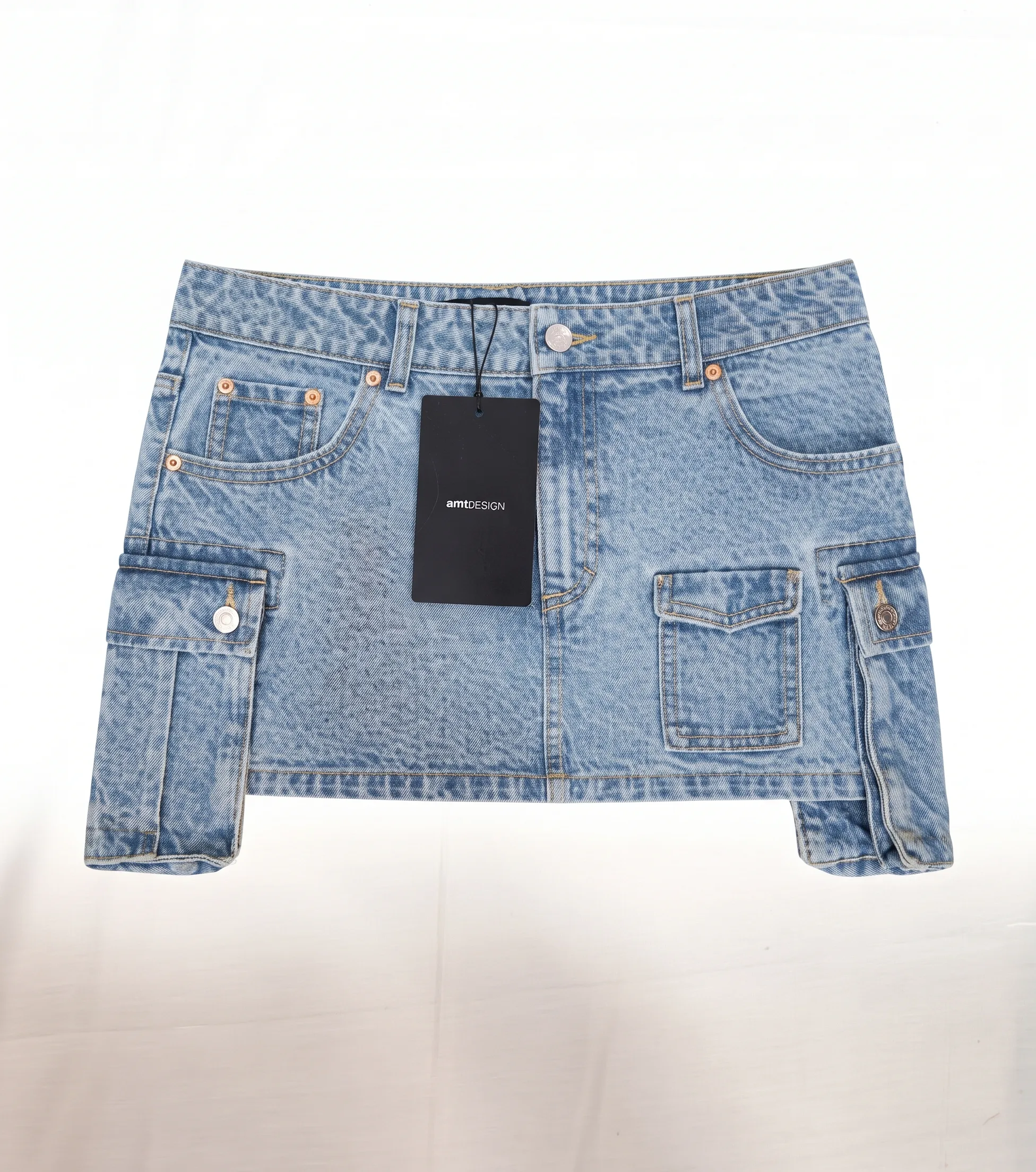Light-wash cargo denim skirt, front view, development reference