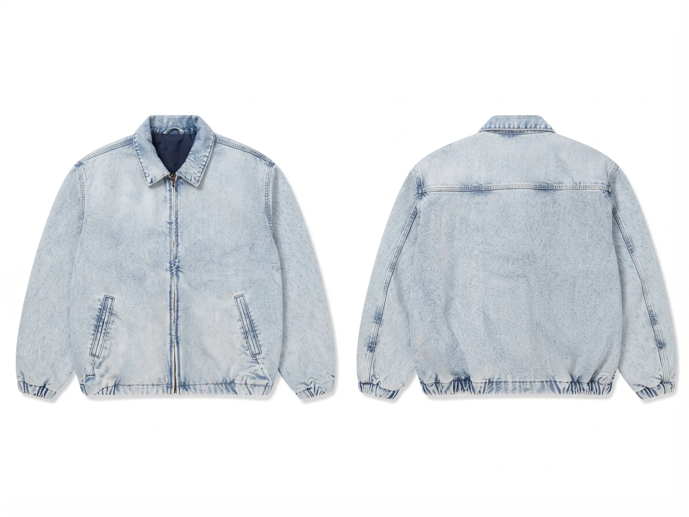 Light-wash denim bomber, back view, development reference
