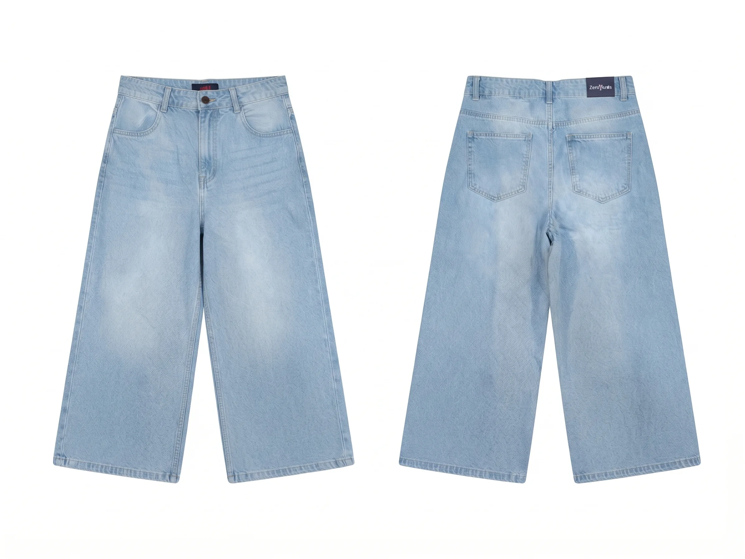 Light-wash denim culottes, back view, development reference