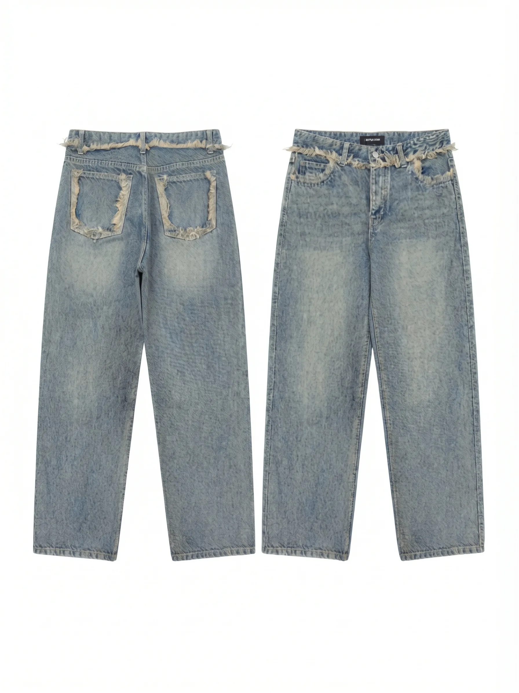 Light-wash frayed-waist jeans, back view, development reference