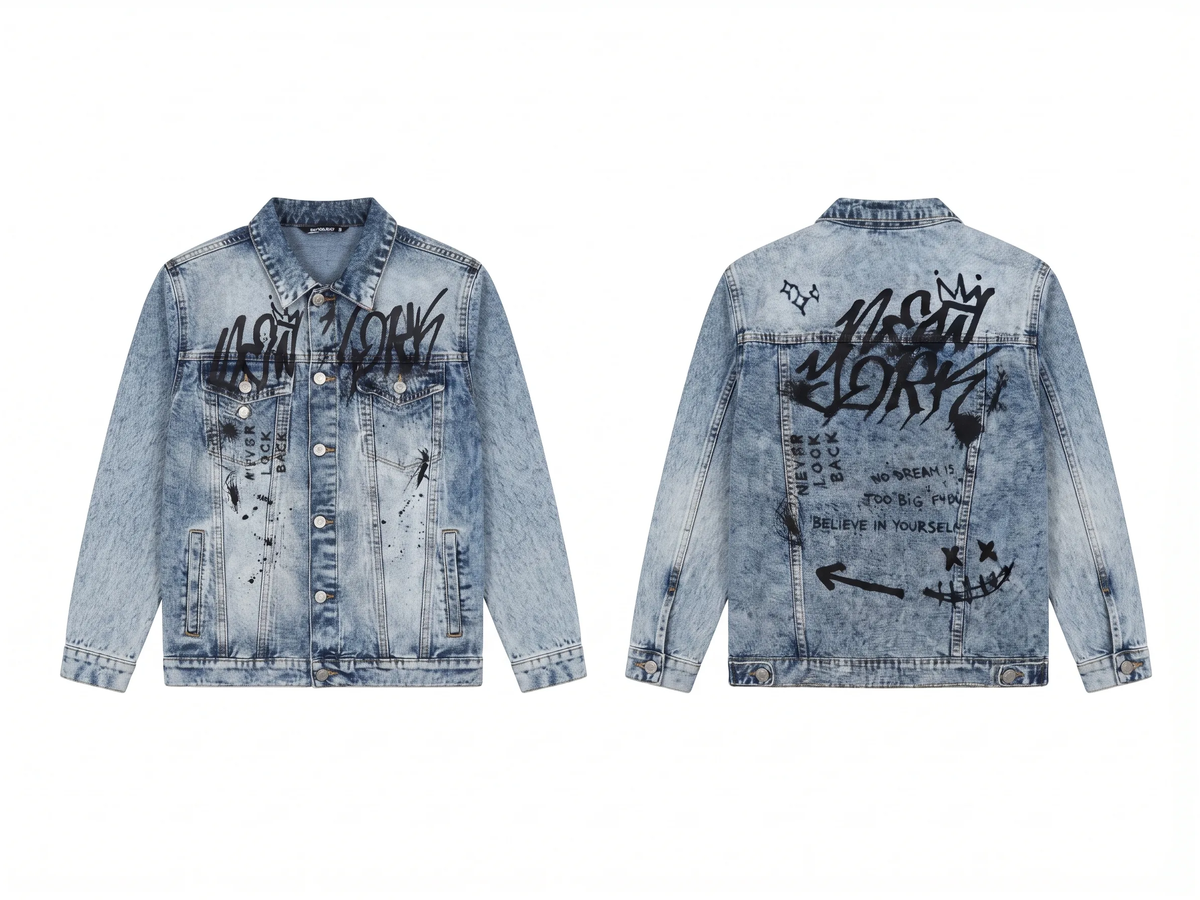 Light-wash graffiti denim jacket, back view, development reference