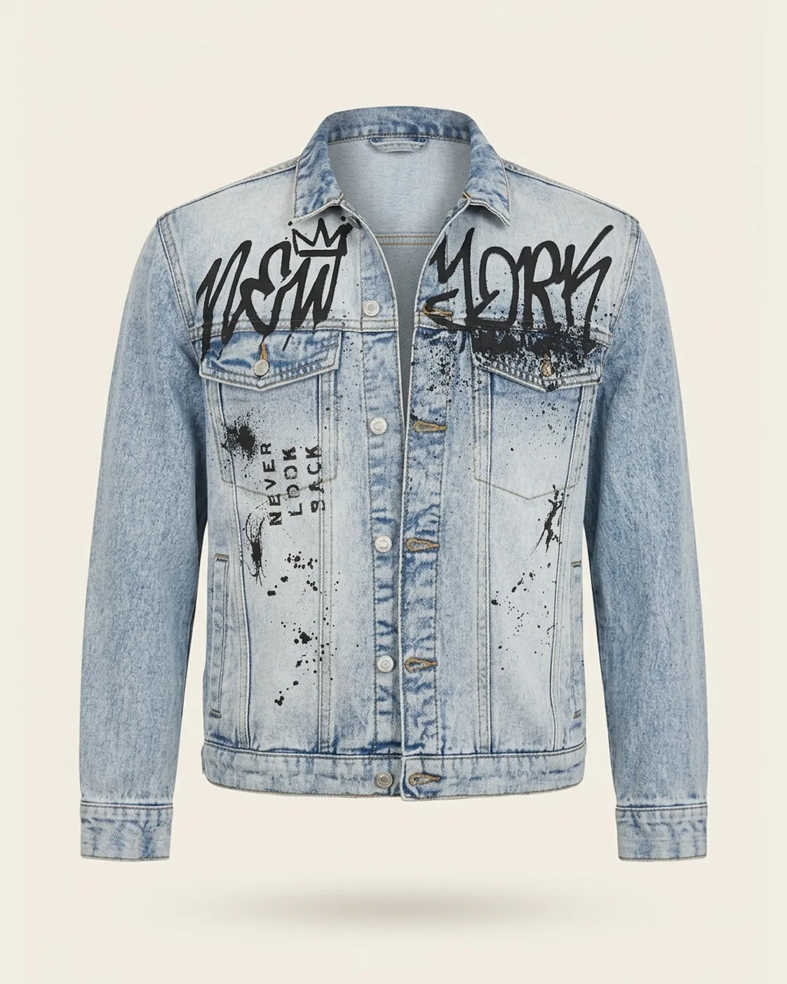 Light-wash graphic denim jacket, front view, development reference