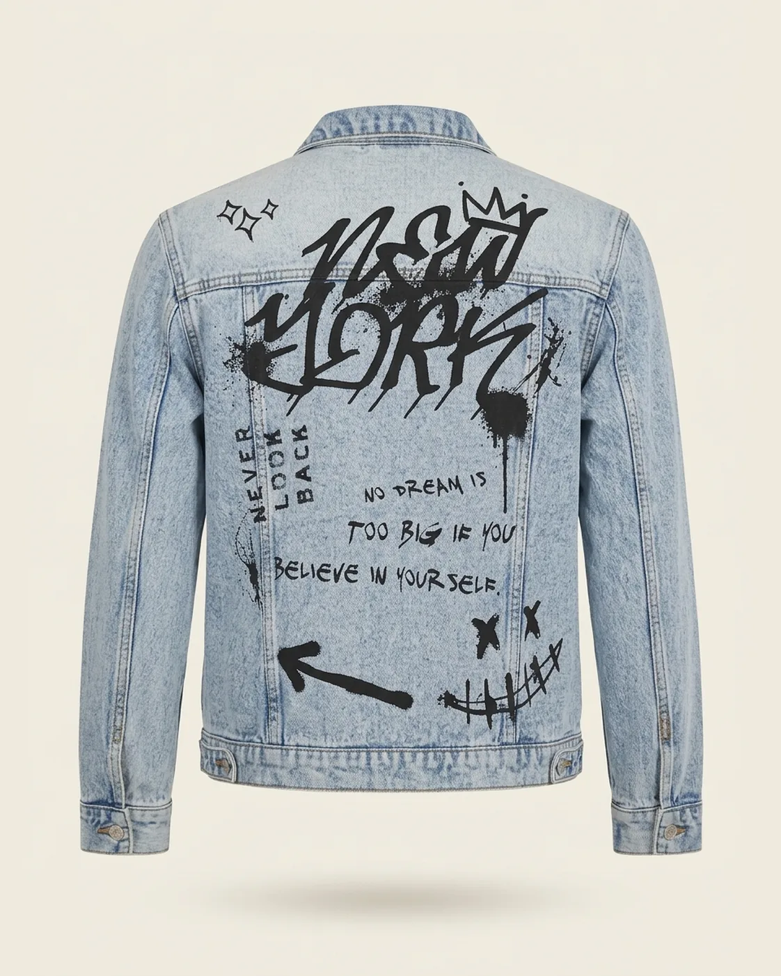 Light-wash graphic denim jacket, back view, development reference